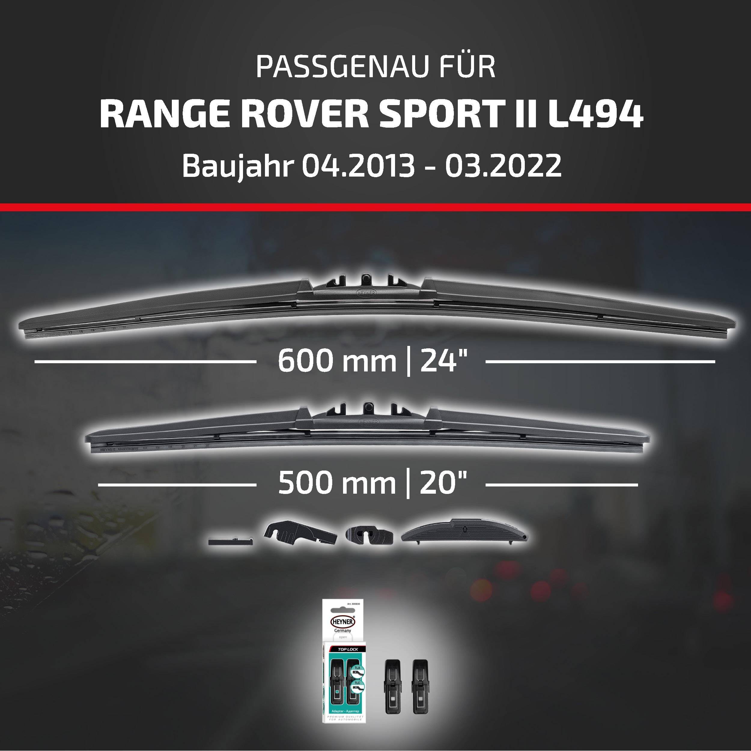 Kompatibilitätsgrafik für Range Rover Sport II L494 (04/2013-03/2022) zeigt Wischblattgrößen 600 mm/24 Zoll und 500 mm/20 Zoll, sowie enthaltene Adapterstücke.