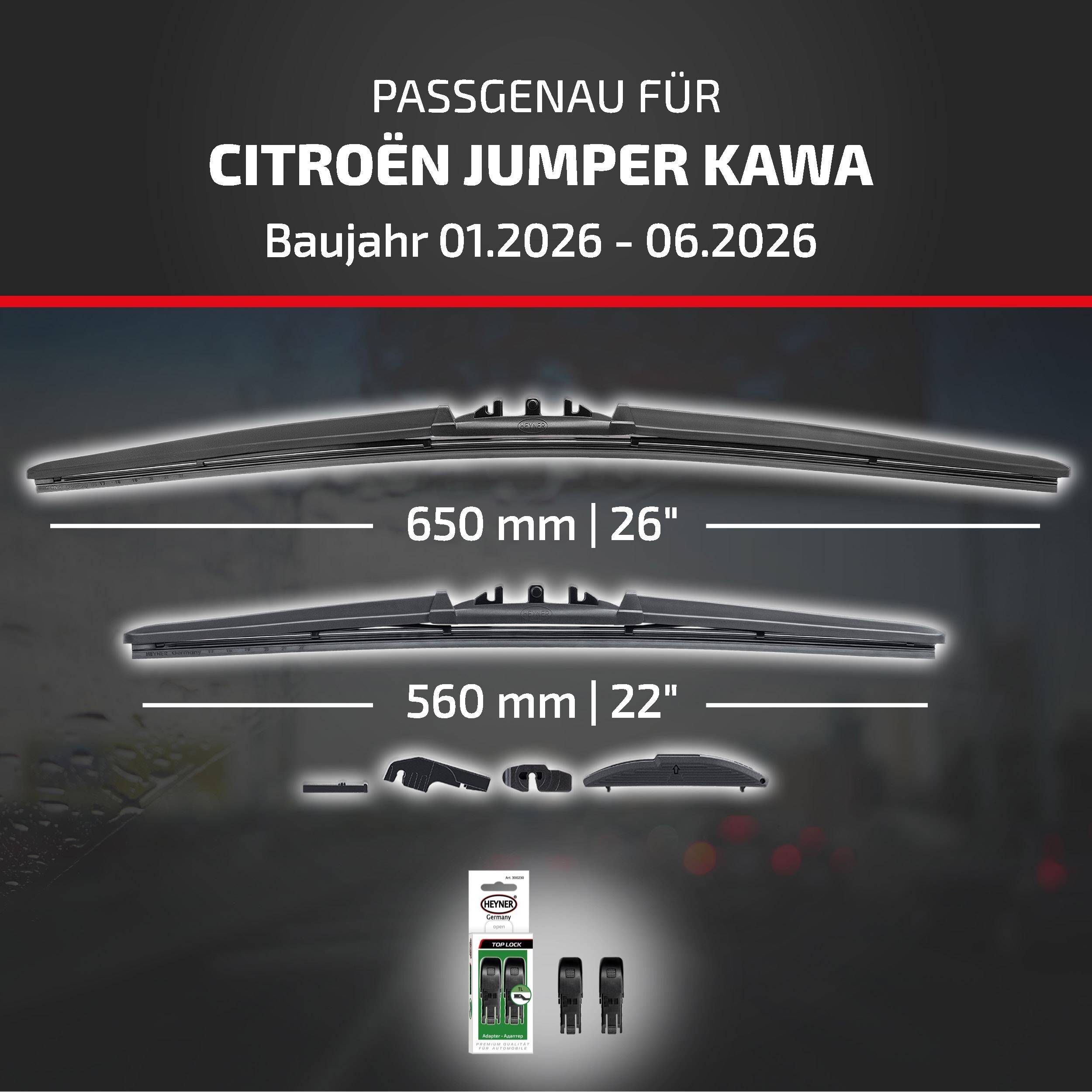 HEYNER® Scheibenwischer für CITROËN JUMPER KAWA 01.2026 - 08.2026, HYBRID Flachbalkenwischer,