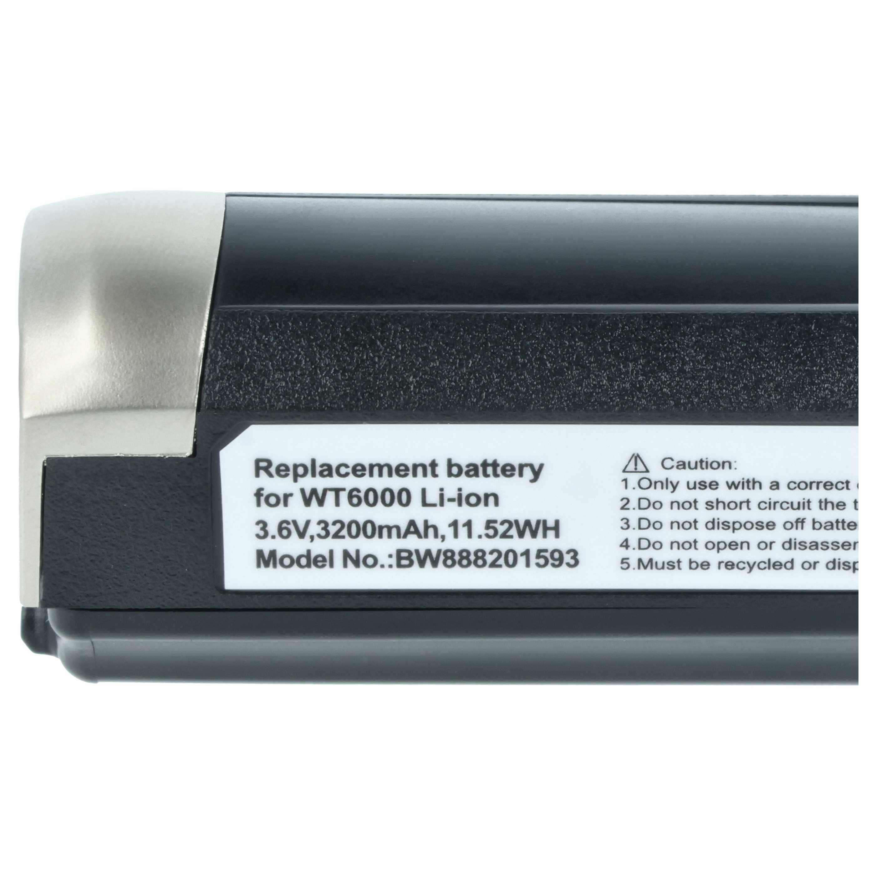 Ersatzakku-Etikett auf einem schwarzen WT6000 Li-Ionen-Akku mit 3,6V 3200mAh 11,52WH und Modellnummer BW888201593 mit Sicherheitswarnhinweisen.