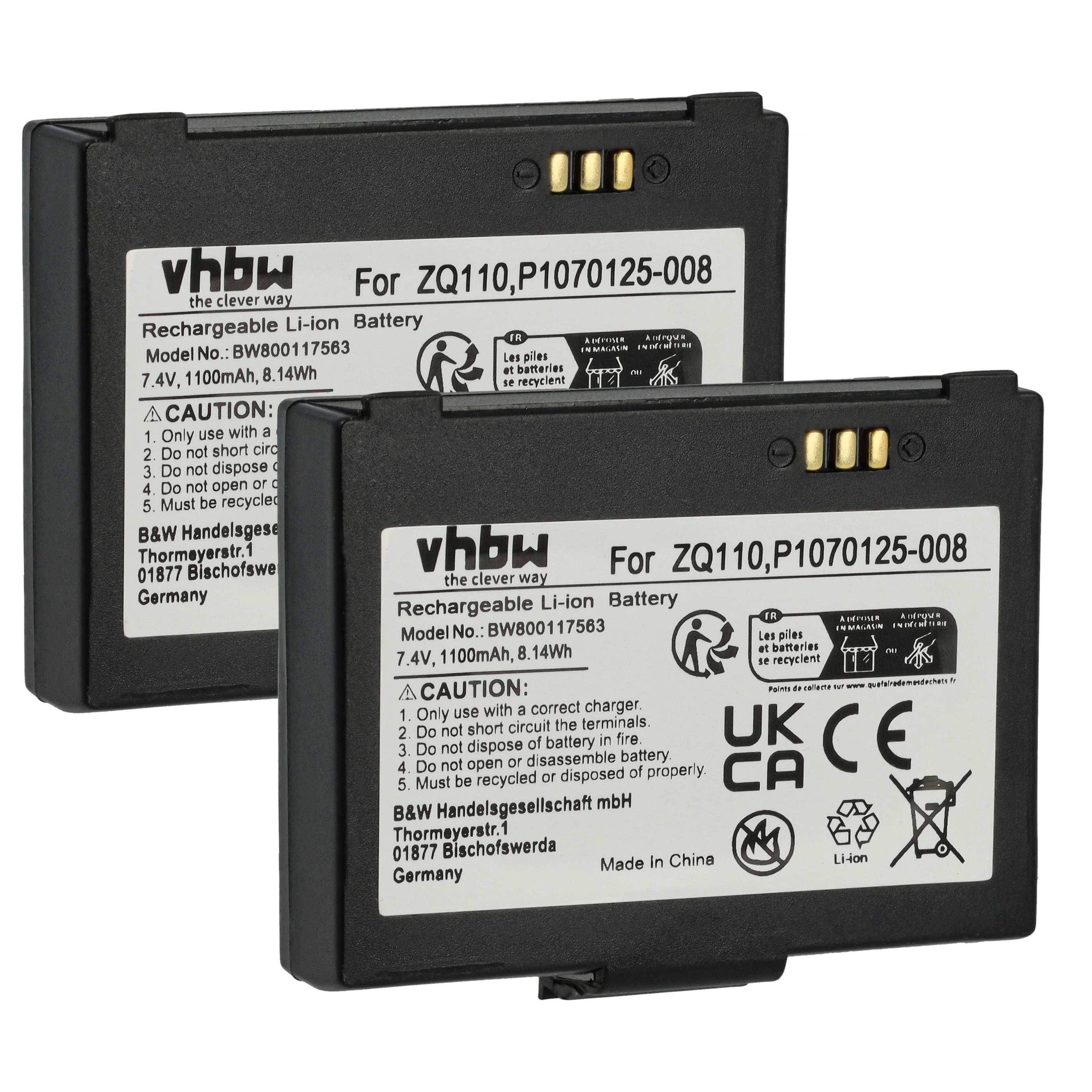 vhbw 2x Akku kompatibel mit Bixolon SPP-R200II, SPP-R200/II, SPP-R200III, SPP-R200 Barcodescanner POS (1100 mAh, 7,4 V, Li-Ion)