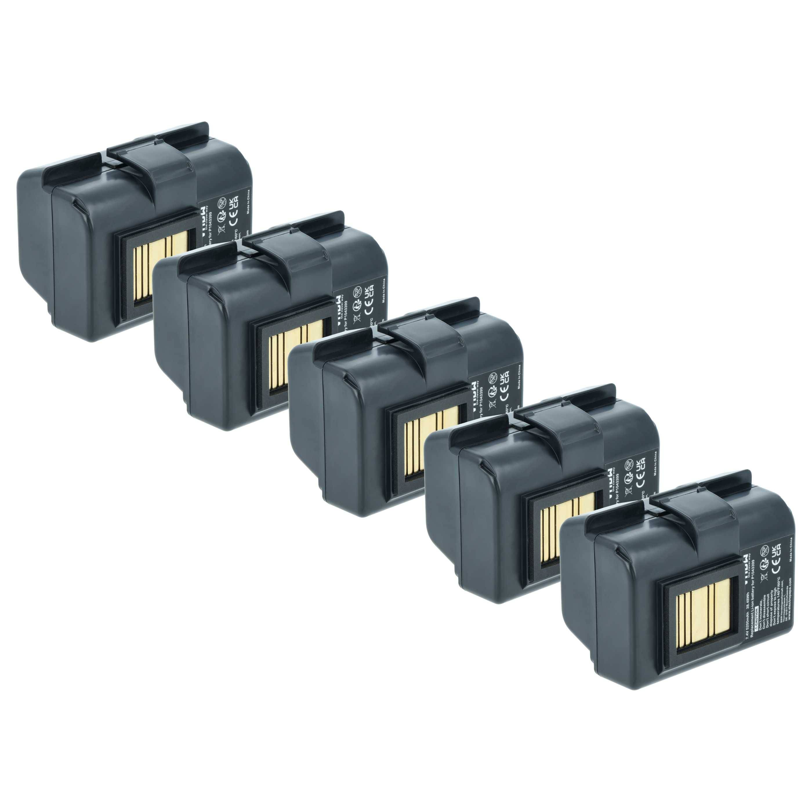Fünf schwarze wiederaufladbare Batteriepacks diagonal auf weißem Hintergrund angeordnet, jedes mit goldenen Steckerkontakten.