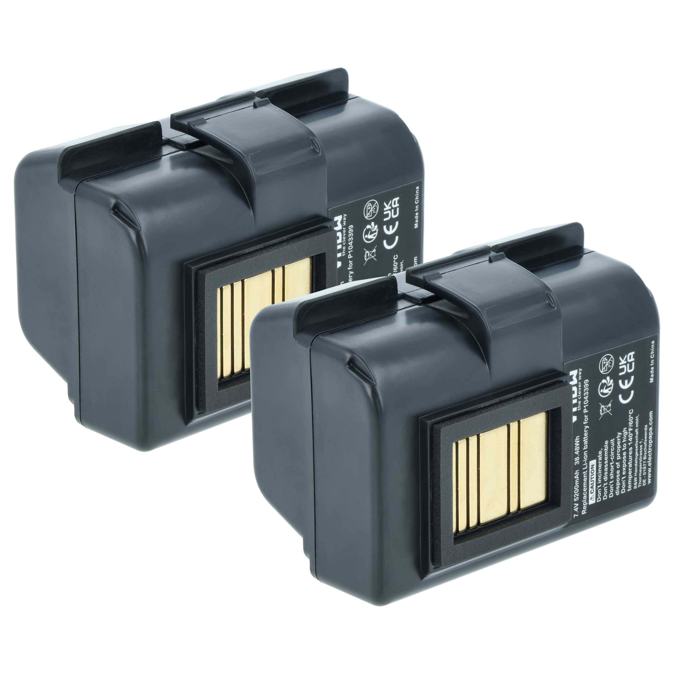 Zwei schwarze wiederaufladbare Batteriepacks mit goldenen Kontaktterminals, gezeigt auf weißem Hintergrund.