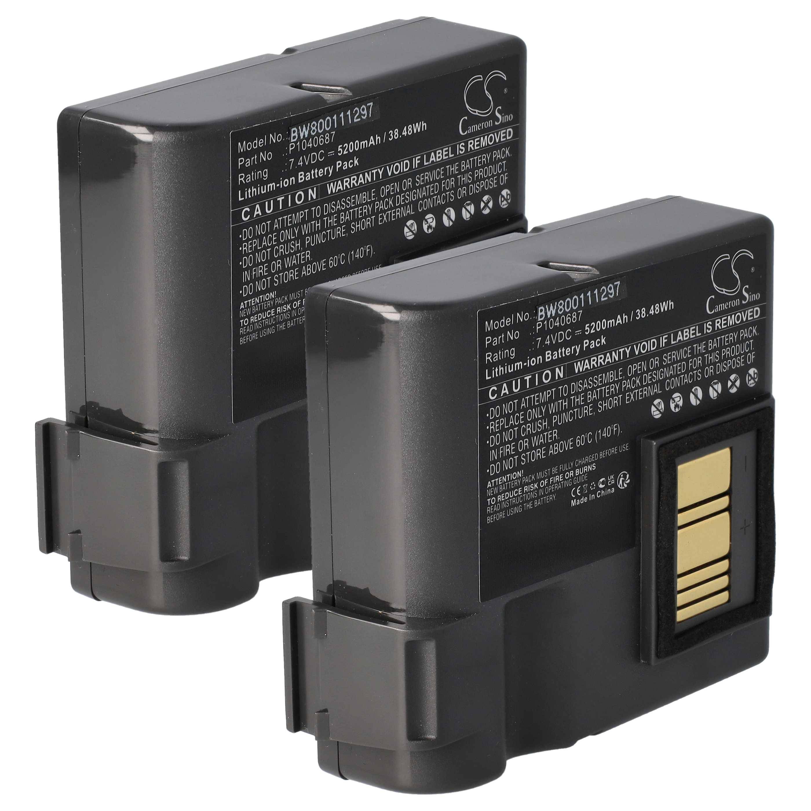 Zwei schwarze wiederaufladbare Lithium-Ionen-Kamerabatterien, eine mit goldfarbenen Kontaktterminals und aufgedruckten Spezifikationen.