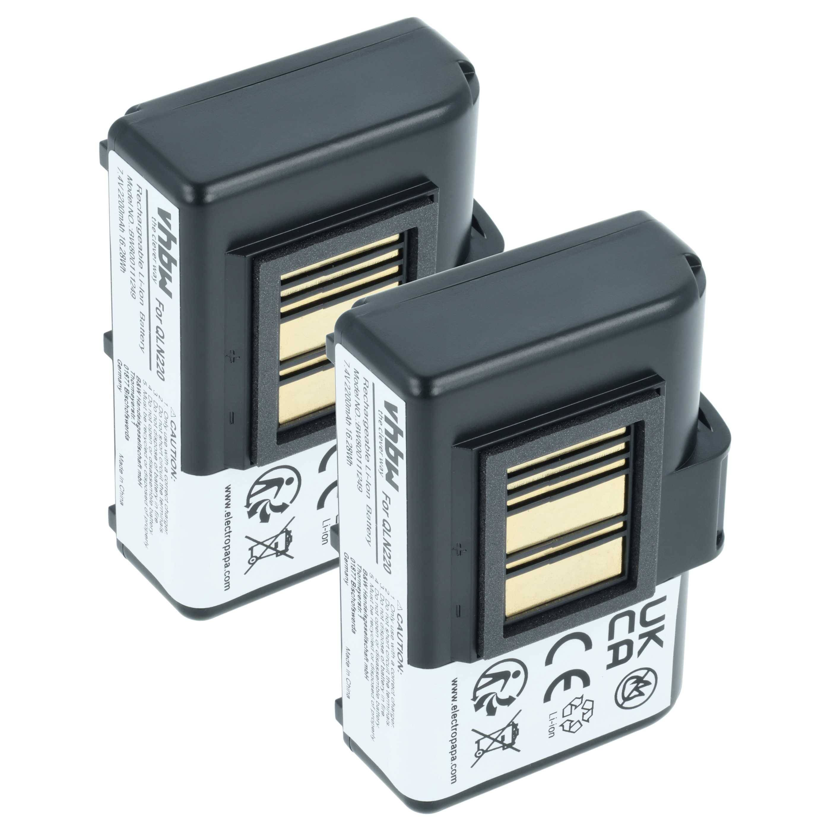 vhbw 2x Akku kompatibel mit Zebra QLn220HC, QLn320HC, QLN220, QLN320 Drucker Kopierer Scanner Etiketten-Drucker (2200 mAh, 7,4 V, Li-Ion)