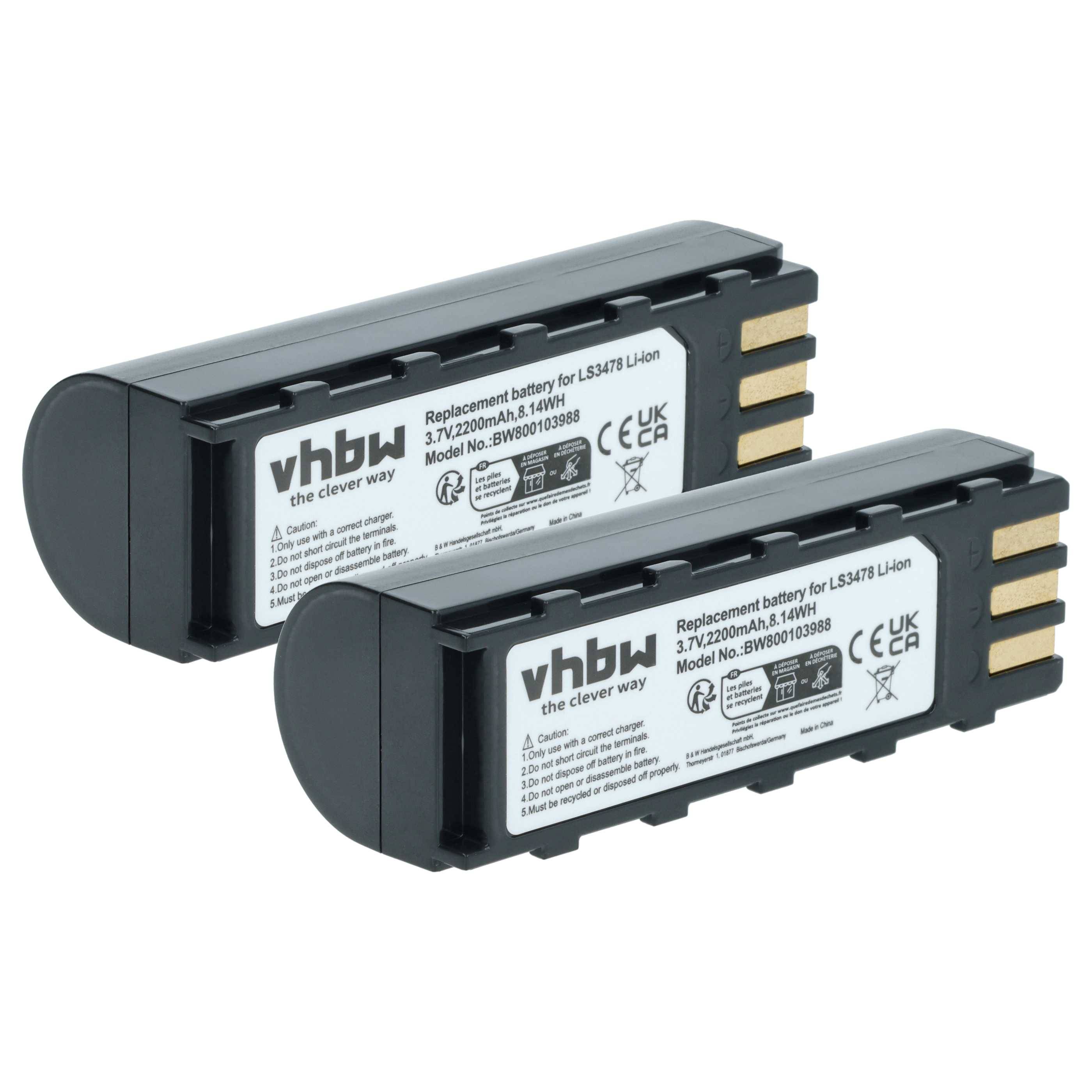 vhbw 2x Akku kompatibel mit Zebra MT2000, MT2070, MT2090 Barcodescanner POS (2200 mAh, 3,7 V, Li-Ion)
