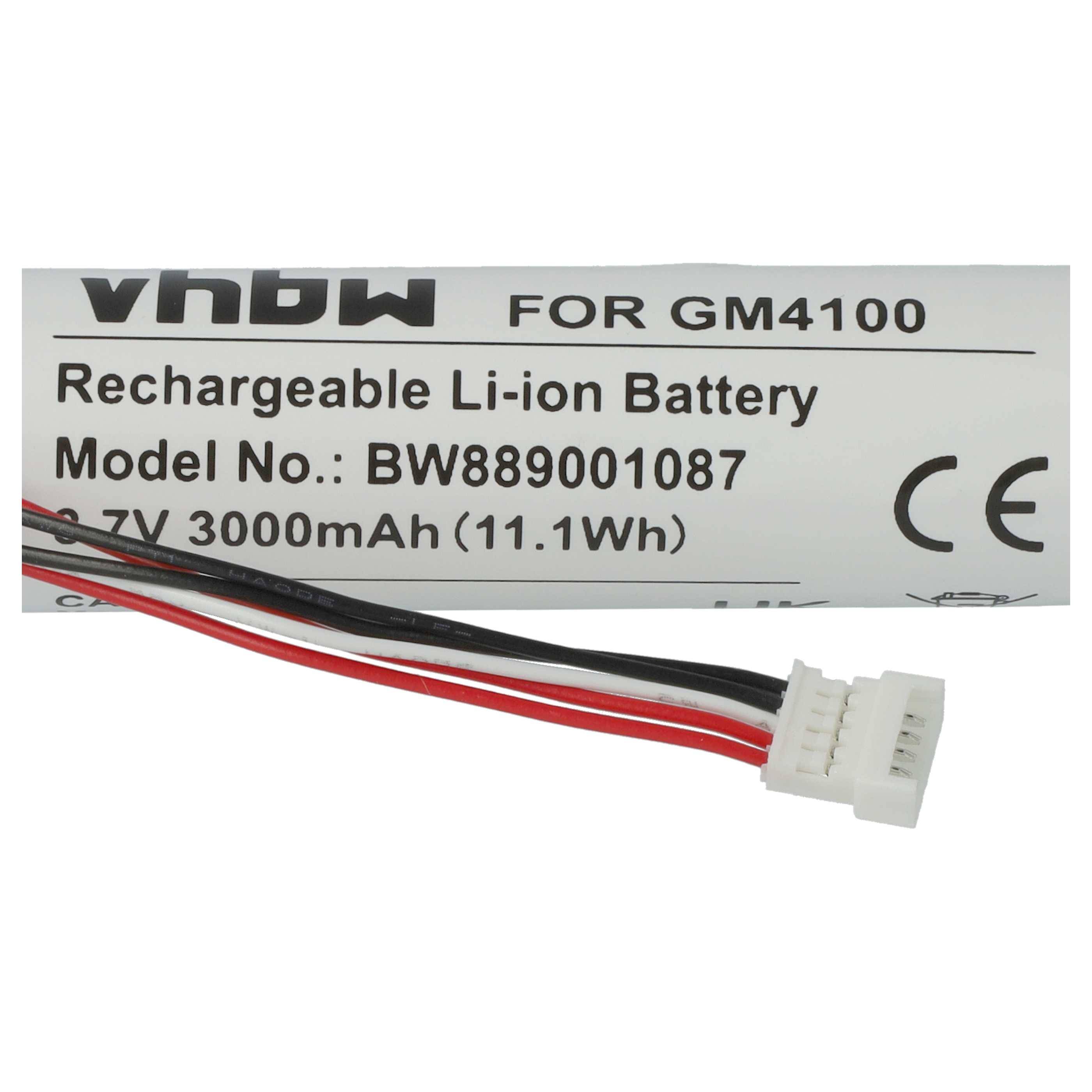 VHBW wiederaufladbarer Li-Ionen-Akku für GM4100, Modell BW889001087, 11,1 Wh 3,7 V 3000 mAh, mit angebrachten rot/schwarzen Anschlussleitungen.