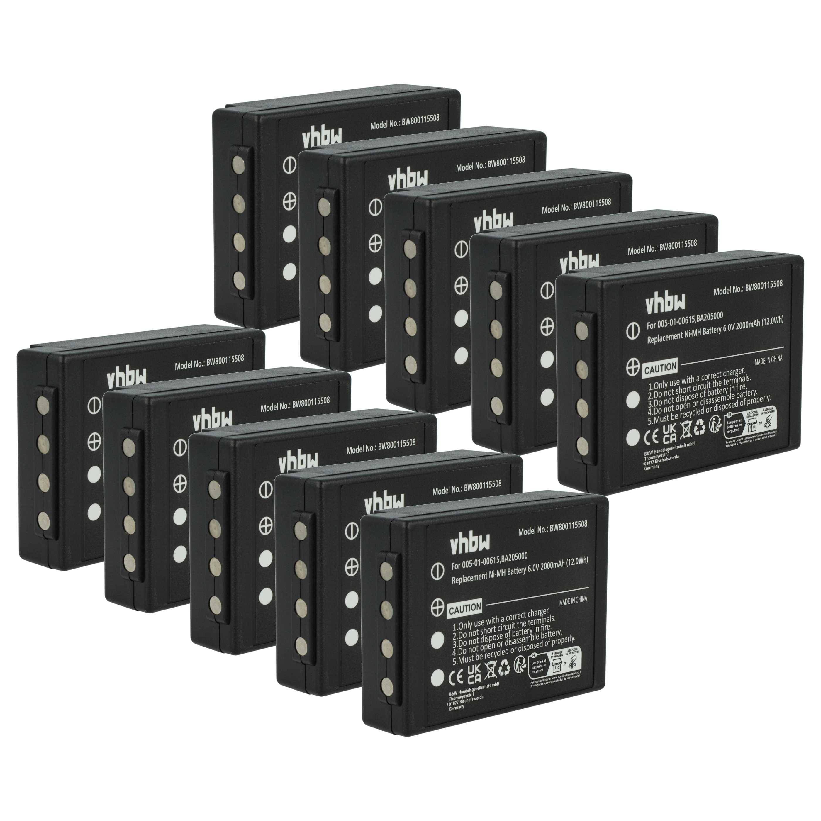 vhbw 10x Akku kompatibel mit HBC Linus 6, 4 Industrie-Funkfernsteuerung Fernbedienung (2000 mAh, 6 V, NiMH) - Schwarz