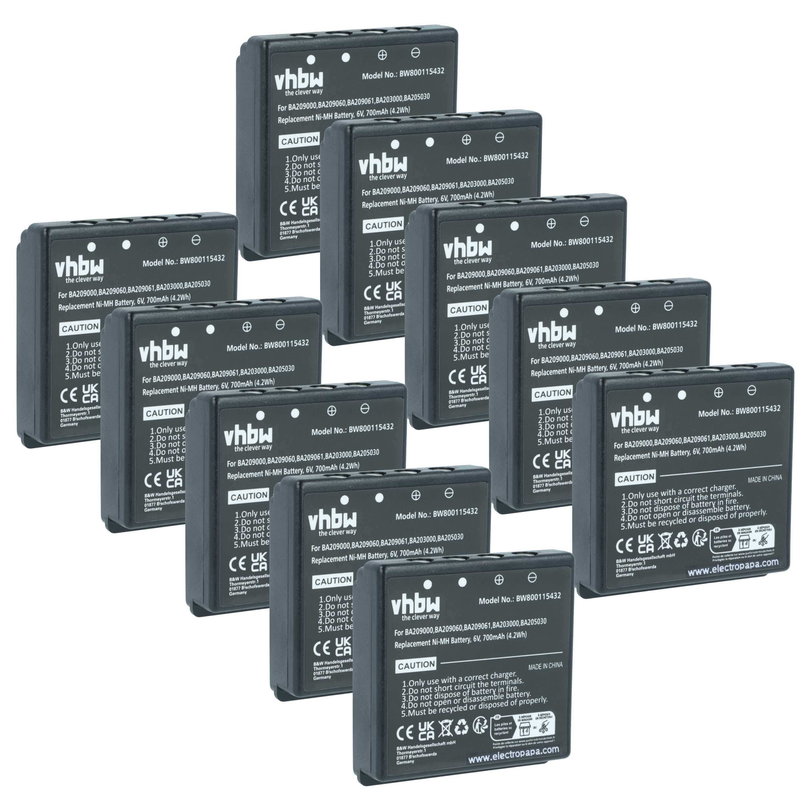 vhbw 10x Akku Ersatz für HBC FuB5AA, FuB05AA, FuB05XL, Fub9NM, BA226030 für Industrie-Funkfernsteuerung Fernbedienung (700 mAh, 6 V, NiMH) - Schwarz