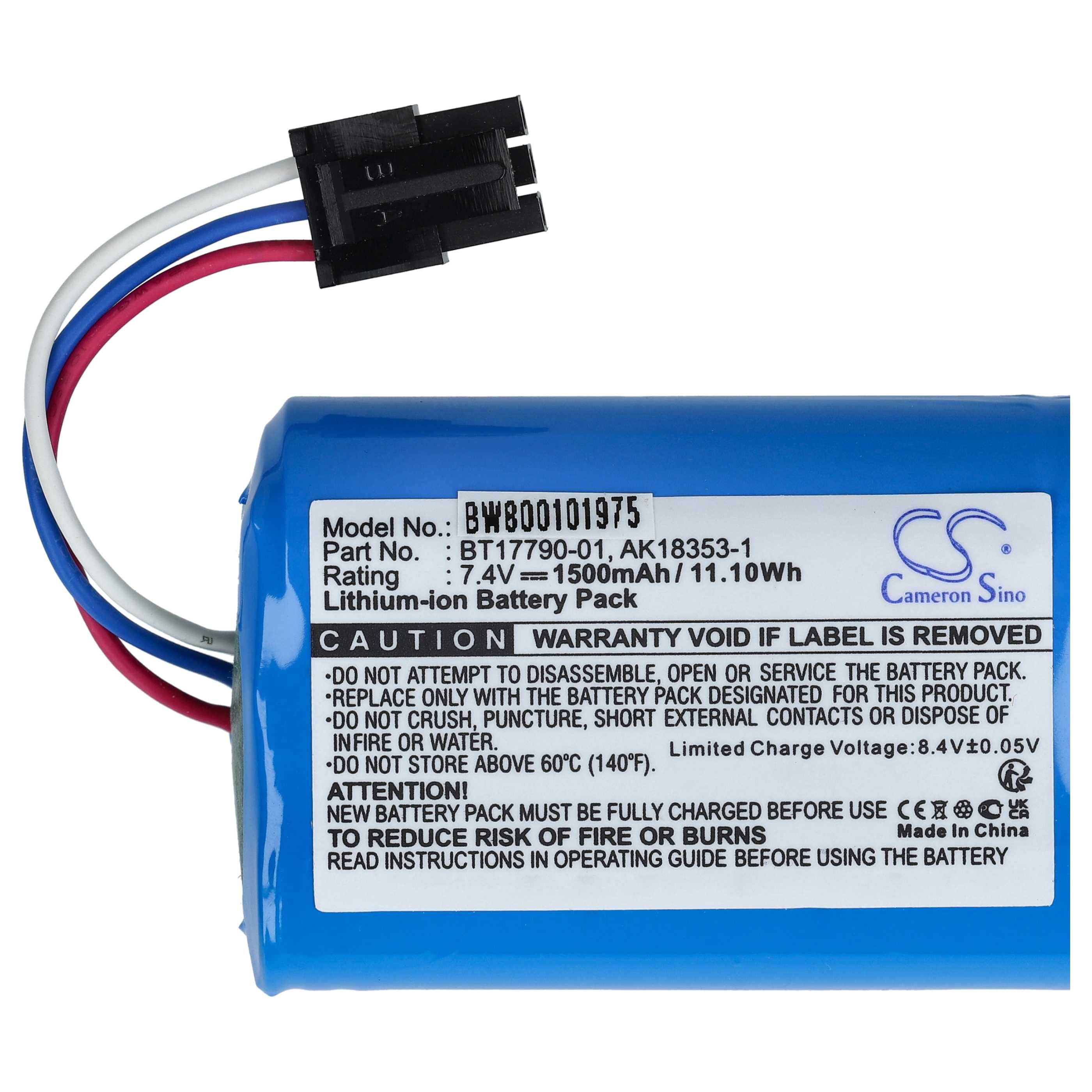 Blauet Lithium-Ionen-Akkupack mit angebrachtem 4-adrigem Stecker und Etikett mit Modellnummer BW800101975, 7,4V 1500mAh, Vorsichts- und Sicherheitswarnungen.