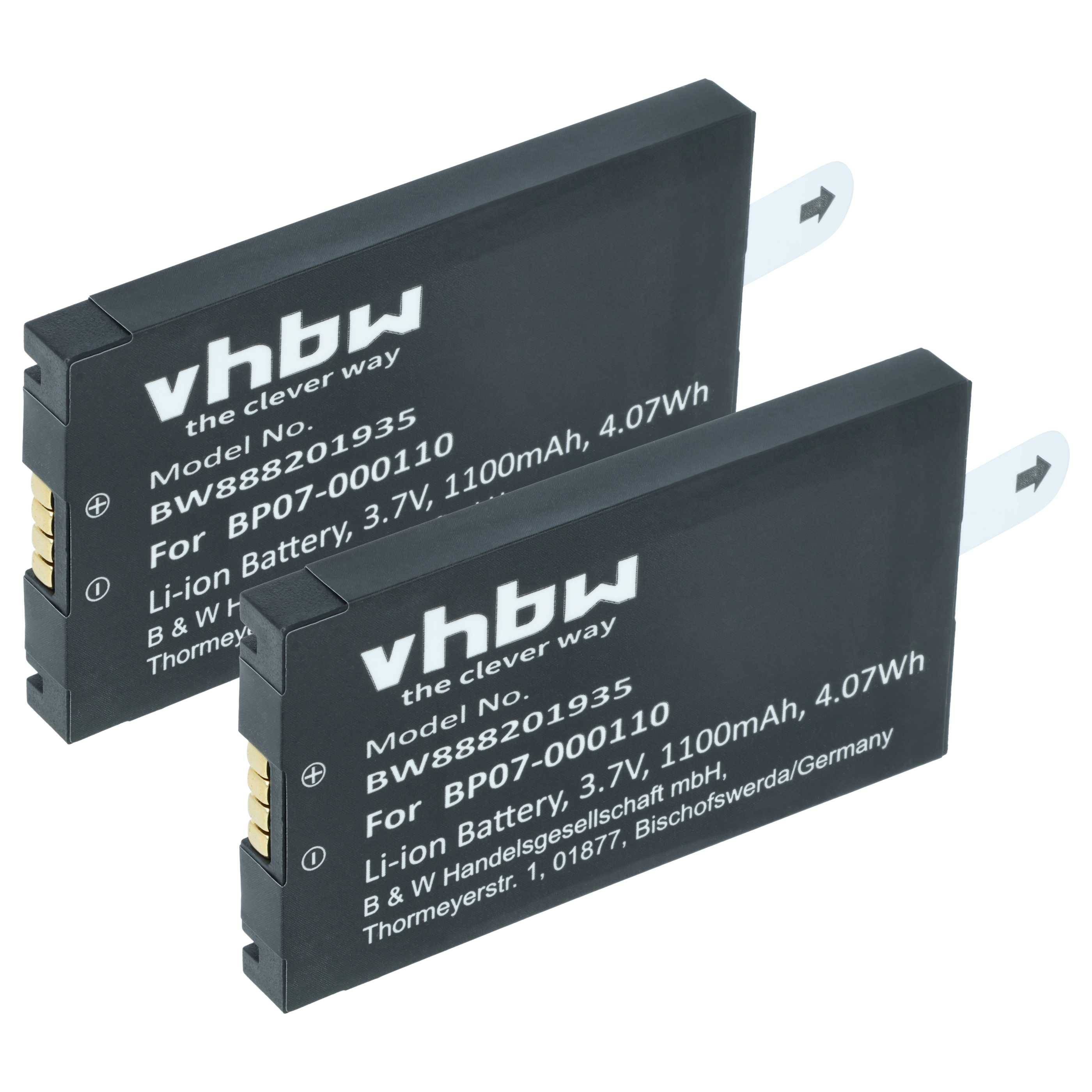 vhbw 2x Akku Ersatz für Datalogic BP07-000110, 94ACC1368, BP08-00011A für Barcodescanner POS (1100 mAh, 3,7 V, Li-Ion)