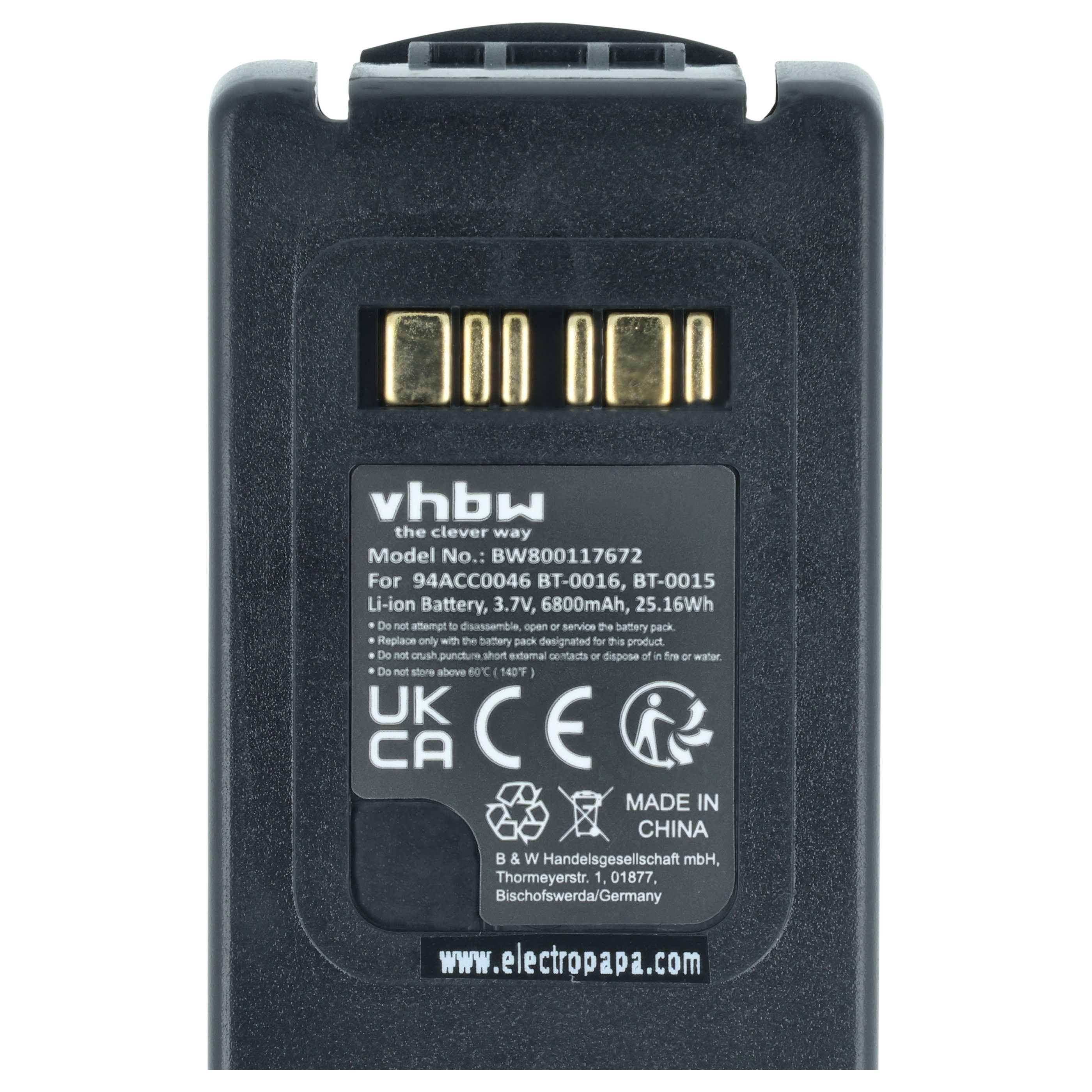 Rückansicht eines wiederaufladbaren Batteriepakets mit goldenen Kontakten und Etikett mit dem Modell „vhbw