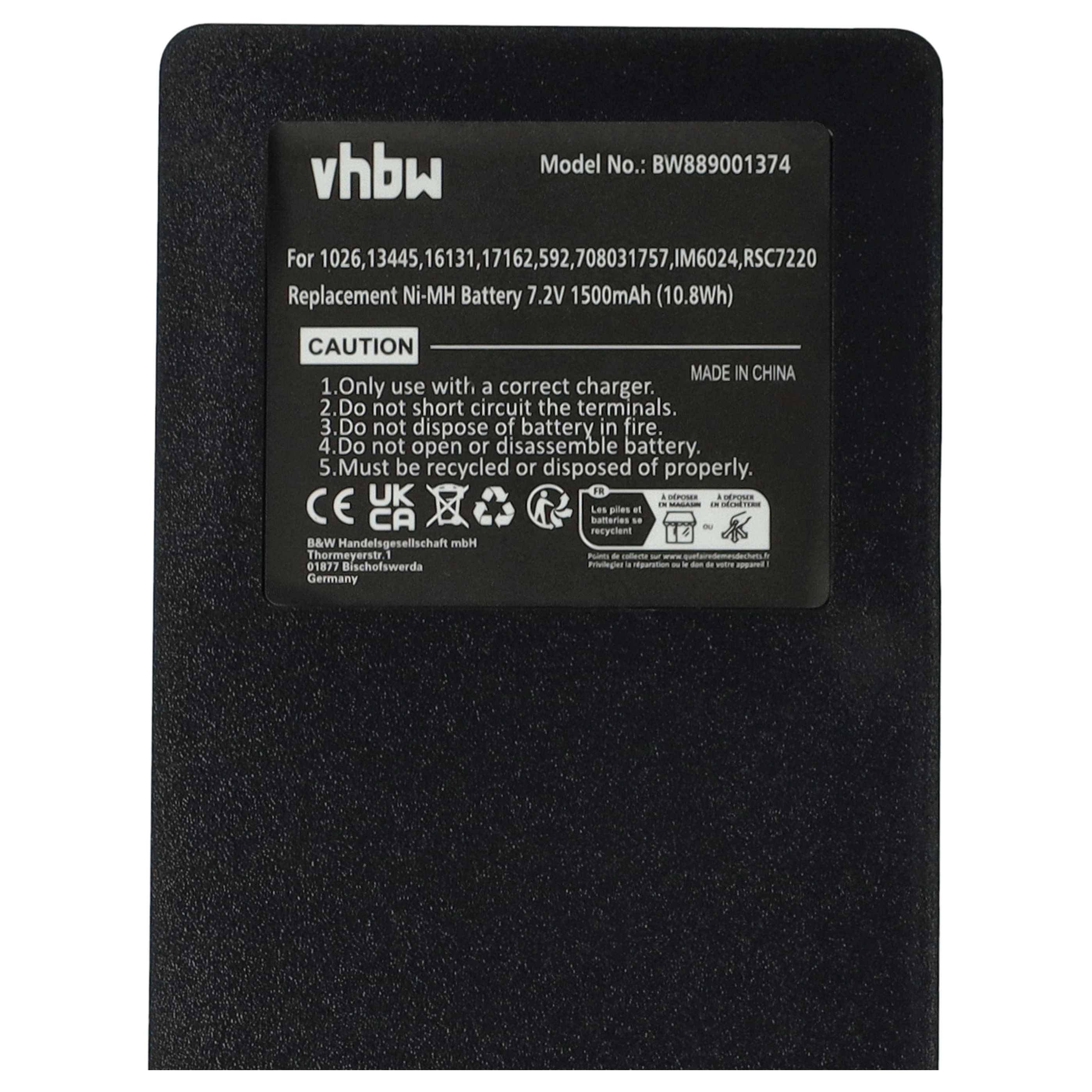 Schwarze Ersatzbatterie mit vhbw-Kennzeichnung, Modell BW889001374, 7,2V 1500mAh Ni-MH für Kameras und Geräte.
