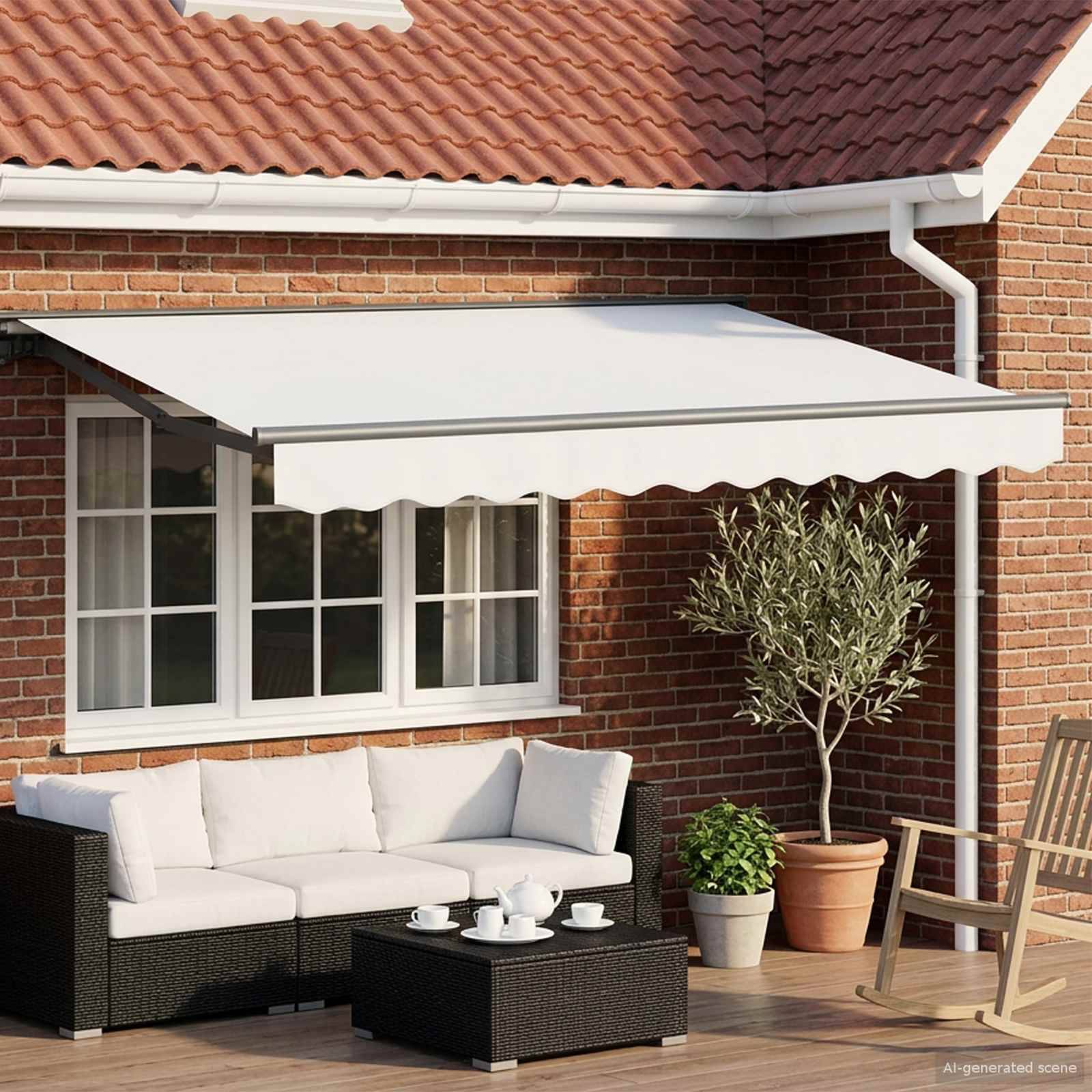 Ziegelhausveranda mit einer weißen ausfahrbaren Markise, die ein Außensofa, einen Couchtisch, Stühle und Topfpflanzen beschattet.
