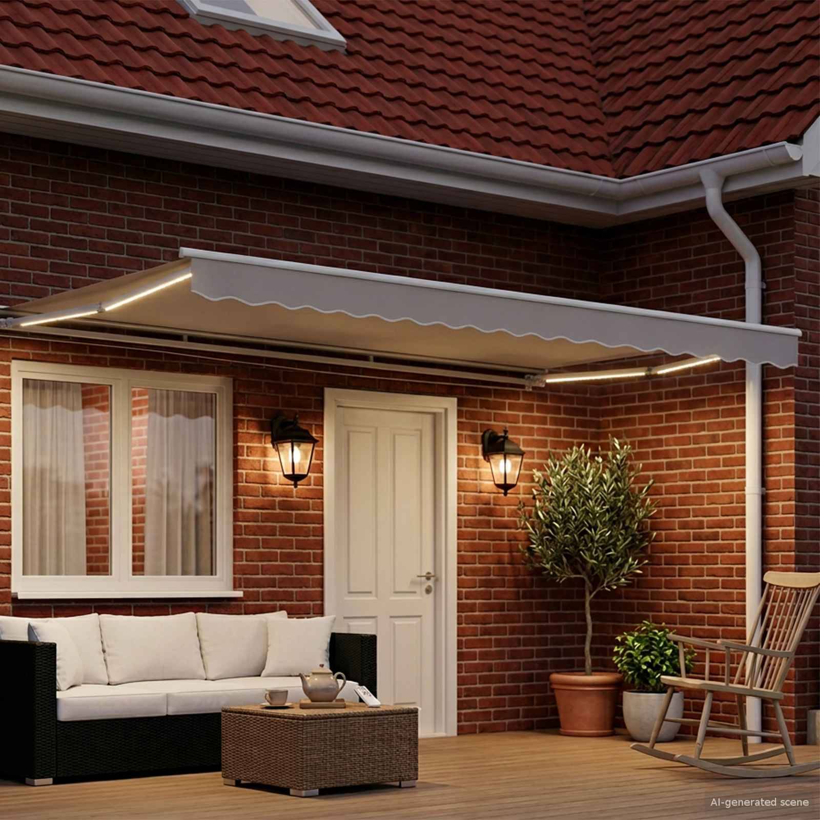 Terrasse mit einer einfahrbaren Markise über Außenmöbeln, einem Couchtisch, Topfpflanzen und einer Backsteinfassade des Hauses mit Tür und Fenstern.