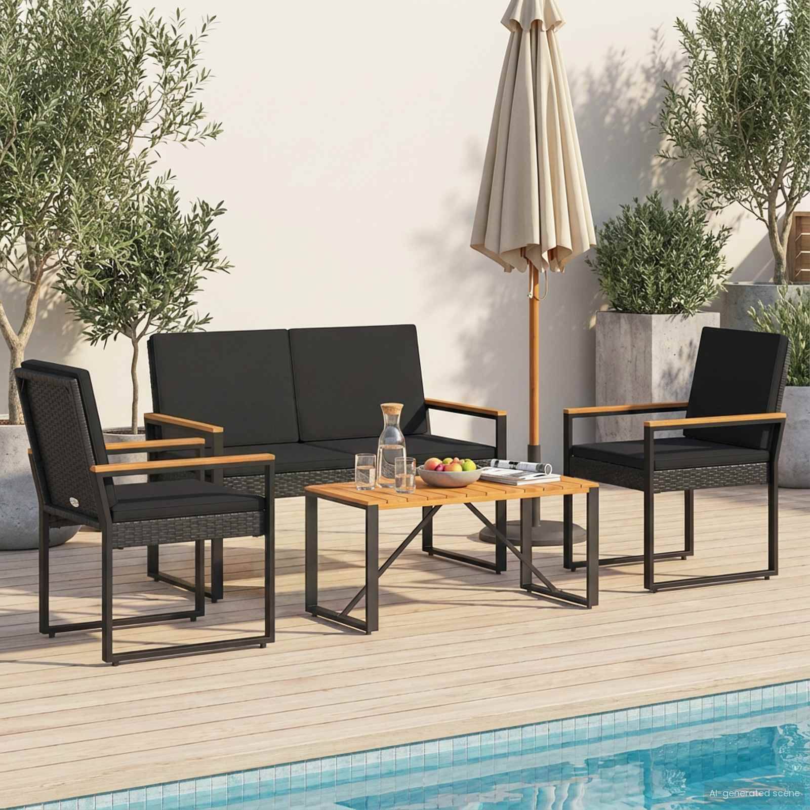 vidaXL Gartenmöbel-Set mit Kissen 4 Stk. Schwarz Poly-Rattan