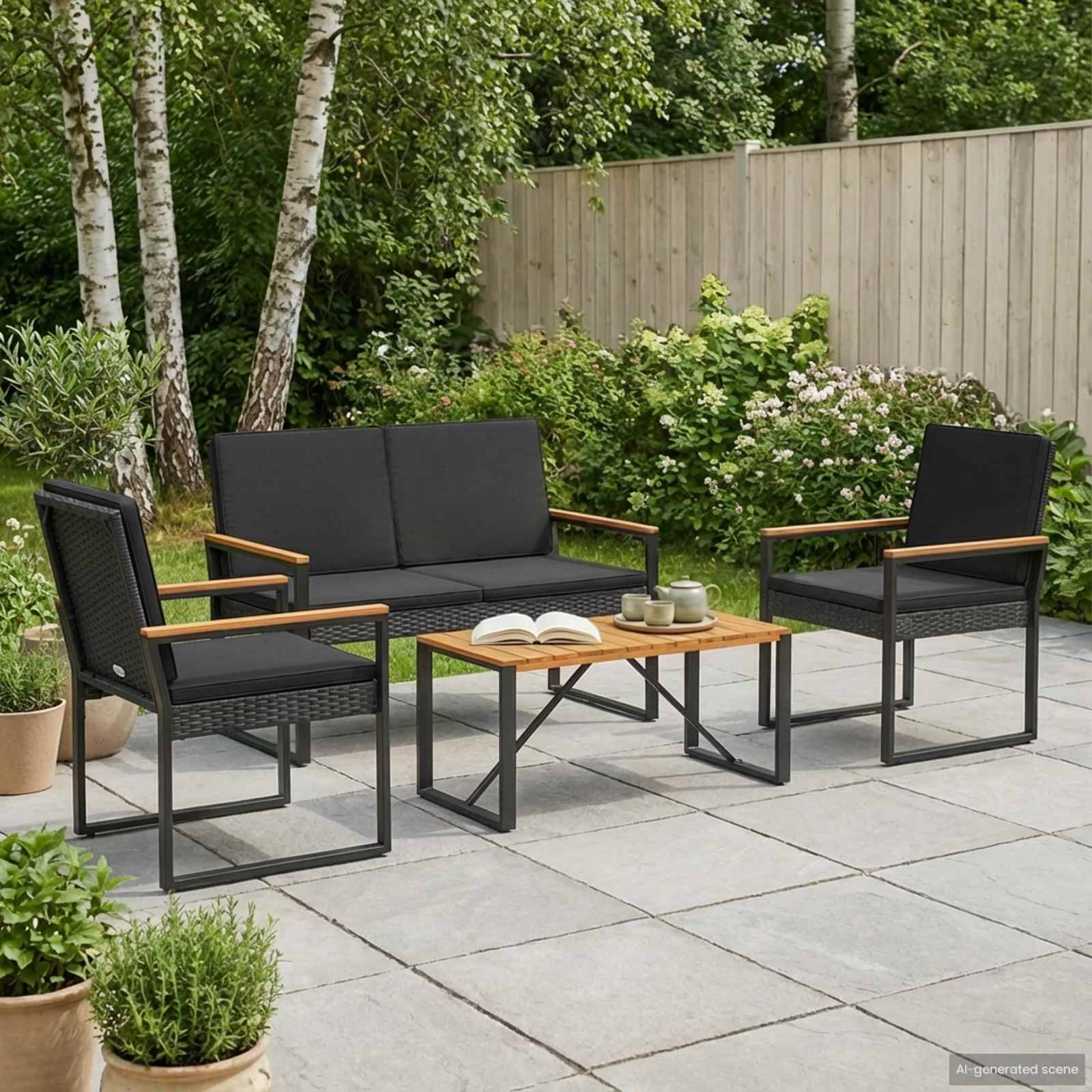 vidaXL Gartenmöbel-Set mit Kissen 4 Stk. Schwarz Poly-Rattan