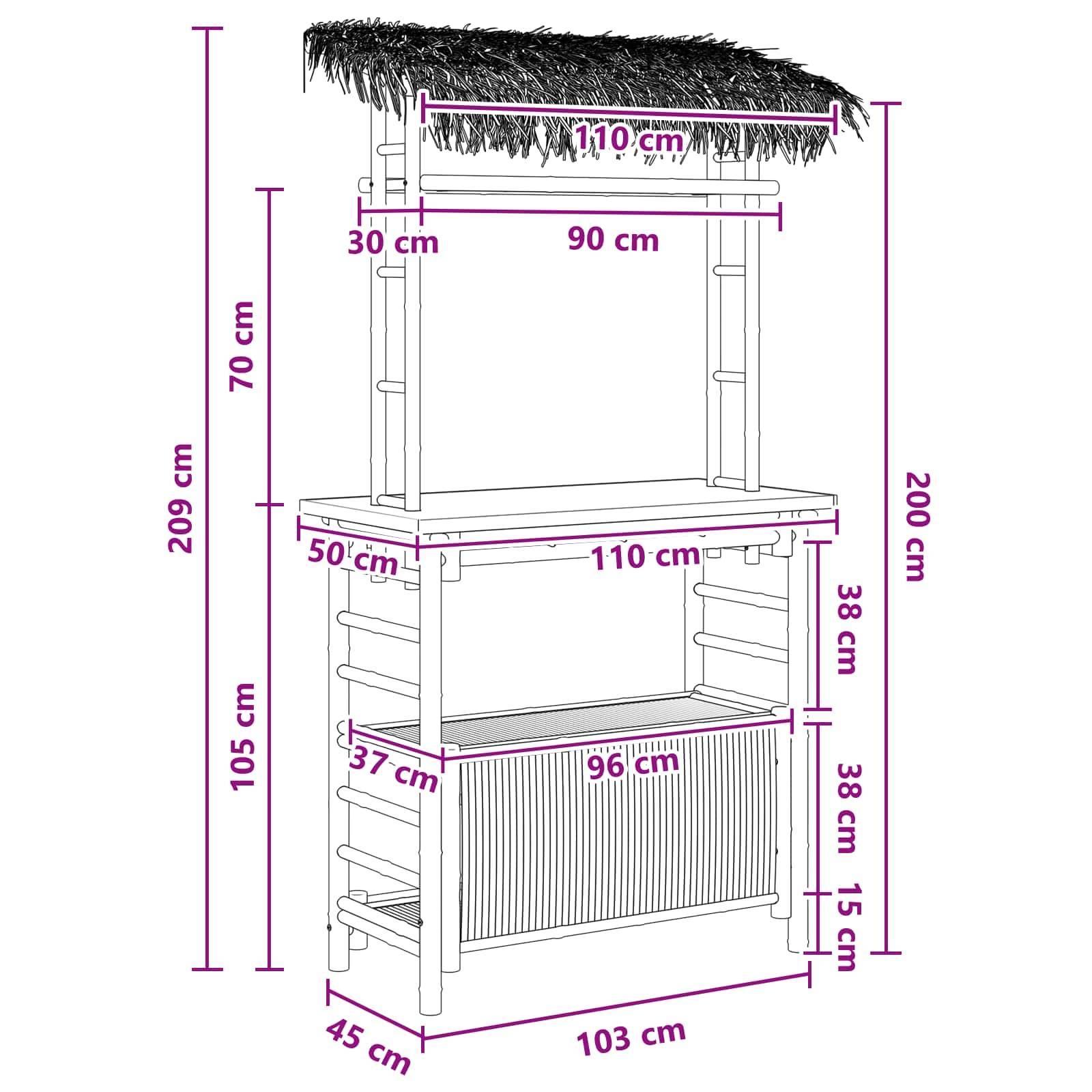 vidaXL Outdoor Bartisch Natur 110 x 50 x 209 cm Bambus