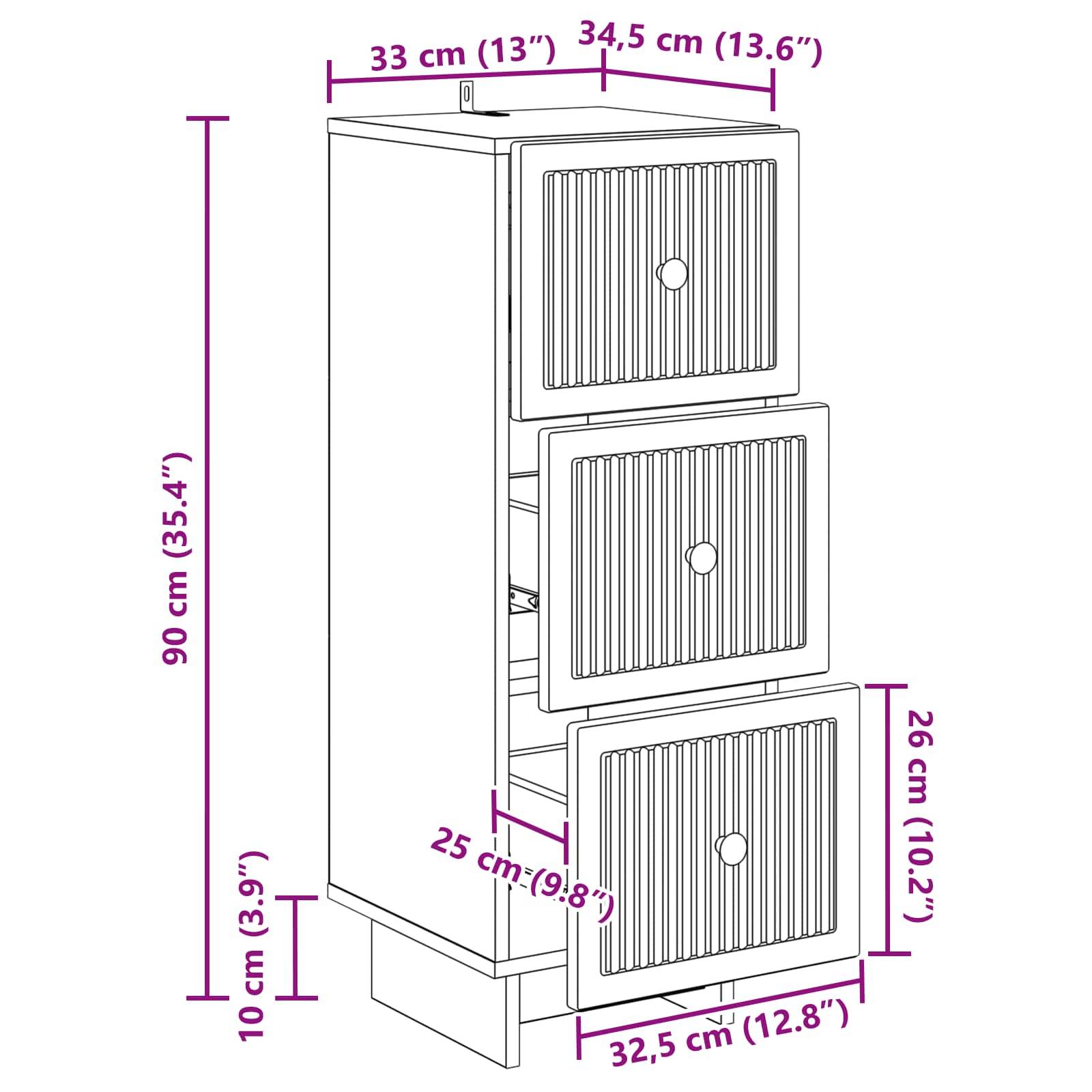 vidaXL Schubladenschrank Weiß 33 x 34,5 x 90 cm Holzwerkstoff