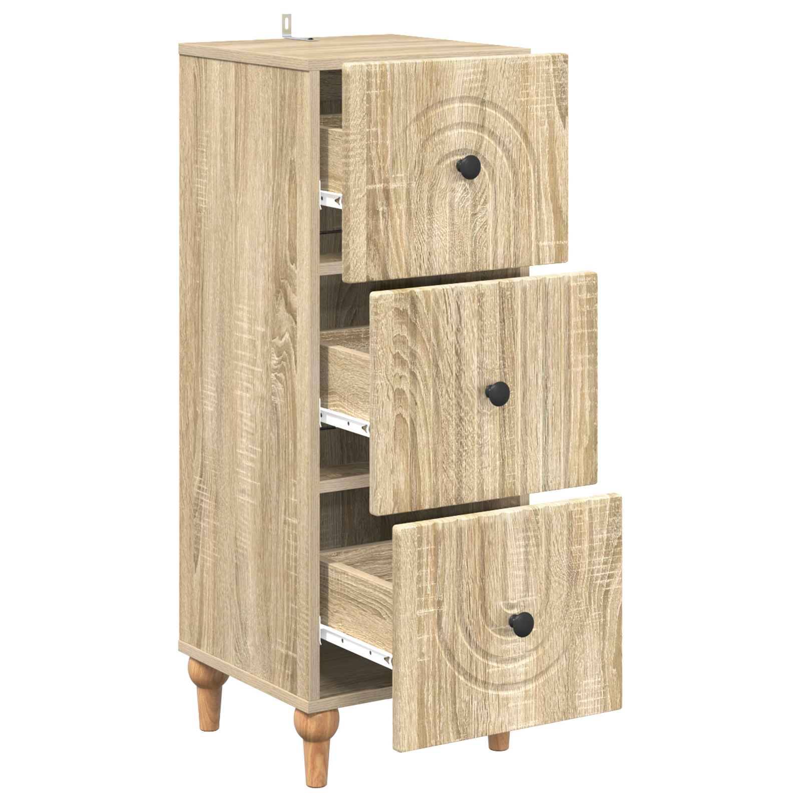 Schrank mit drei Schubladen aus Holz mit hellem Eichenfinish und runden schwarzen Griffen, gezeigt mit teilweise geöffneten Schubladen auf konisch zulaufenden Beinen.