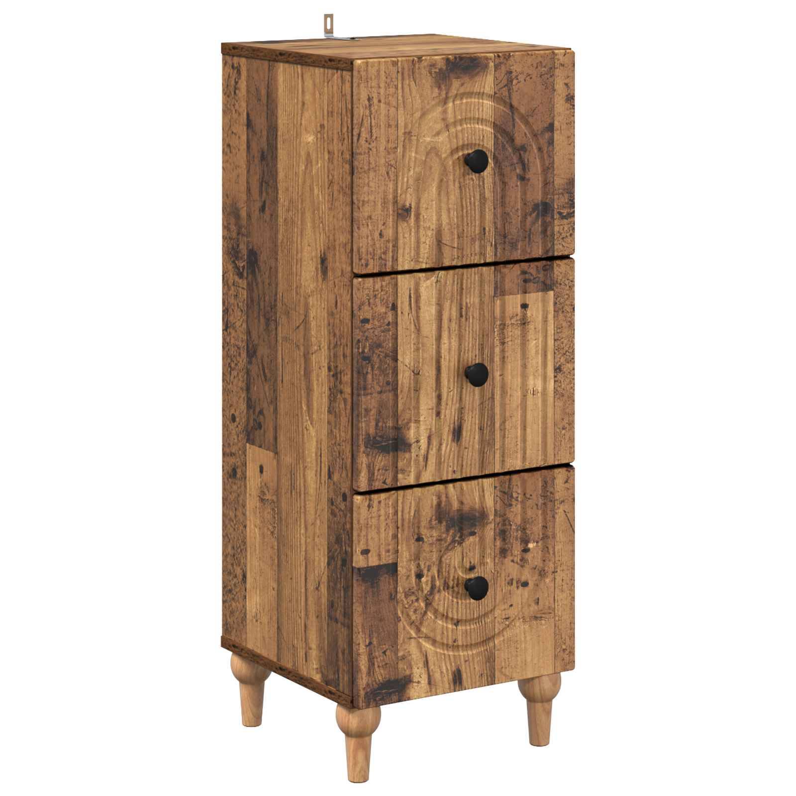 Holzschrank mit drei Schubladen, Rustikales Bretter-Finish und sich verjüngende Beine, gezeigt auf weißem Hintergrund.