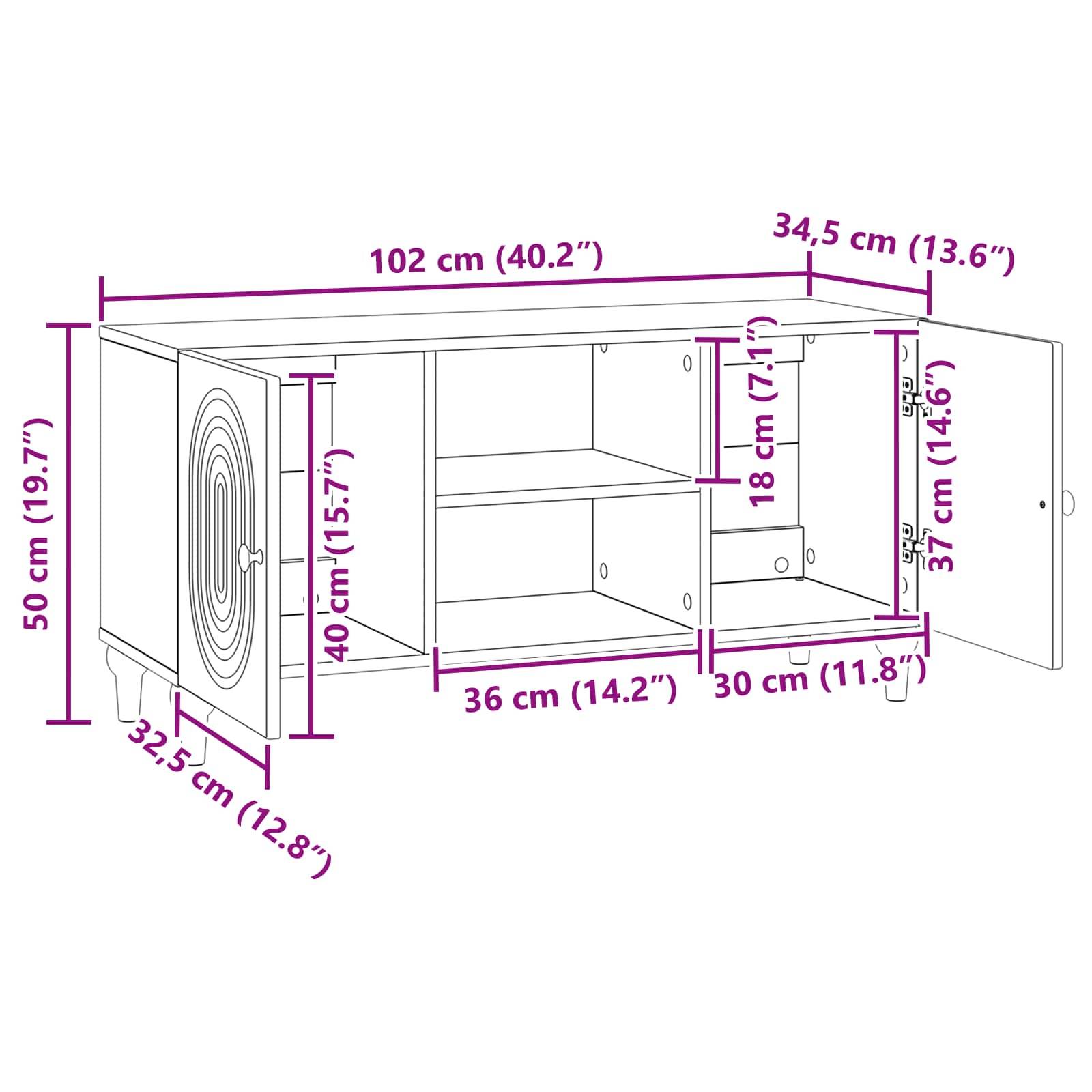 Diagramm eines Wandschranks mit offenen Türen, das folgende Gesamtabmessungen zeigt: 102 cm breit, 50 cm hoch, 32,5–34,5 cm tief, mit Messungen für internes Regal und Fachaufteilung.