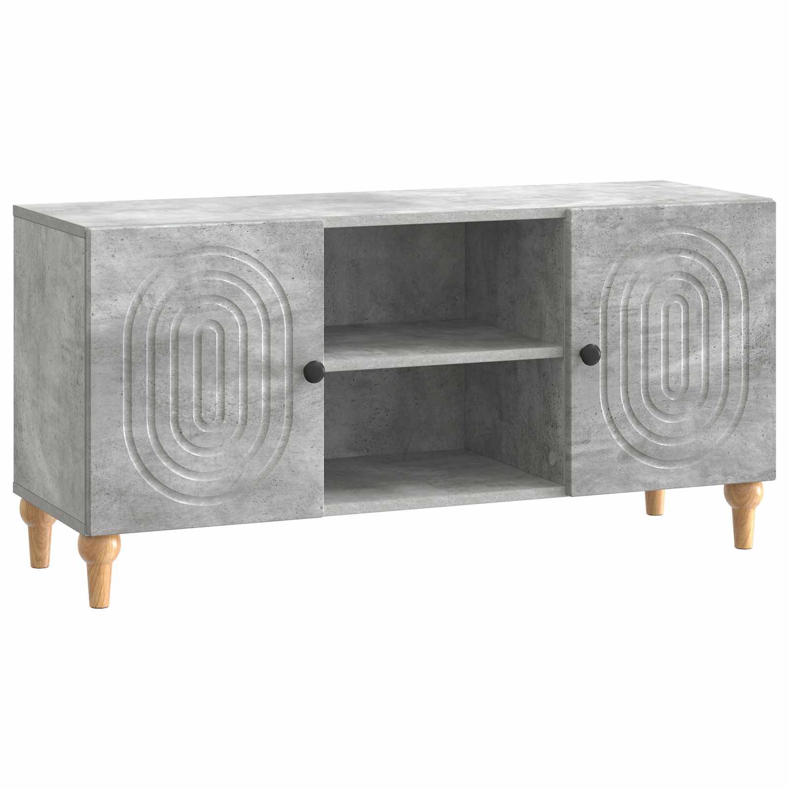 Grauer zweitüriger Schrank mit offenen Mittelregalfächern, oval geschnitzten Türpaneelen, schwarzen Griffen und Holzbeinen.