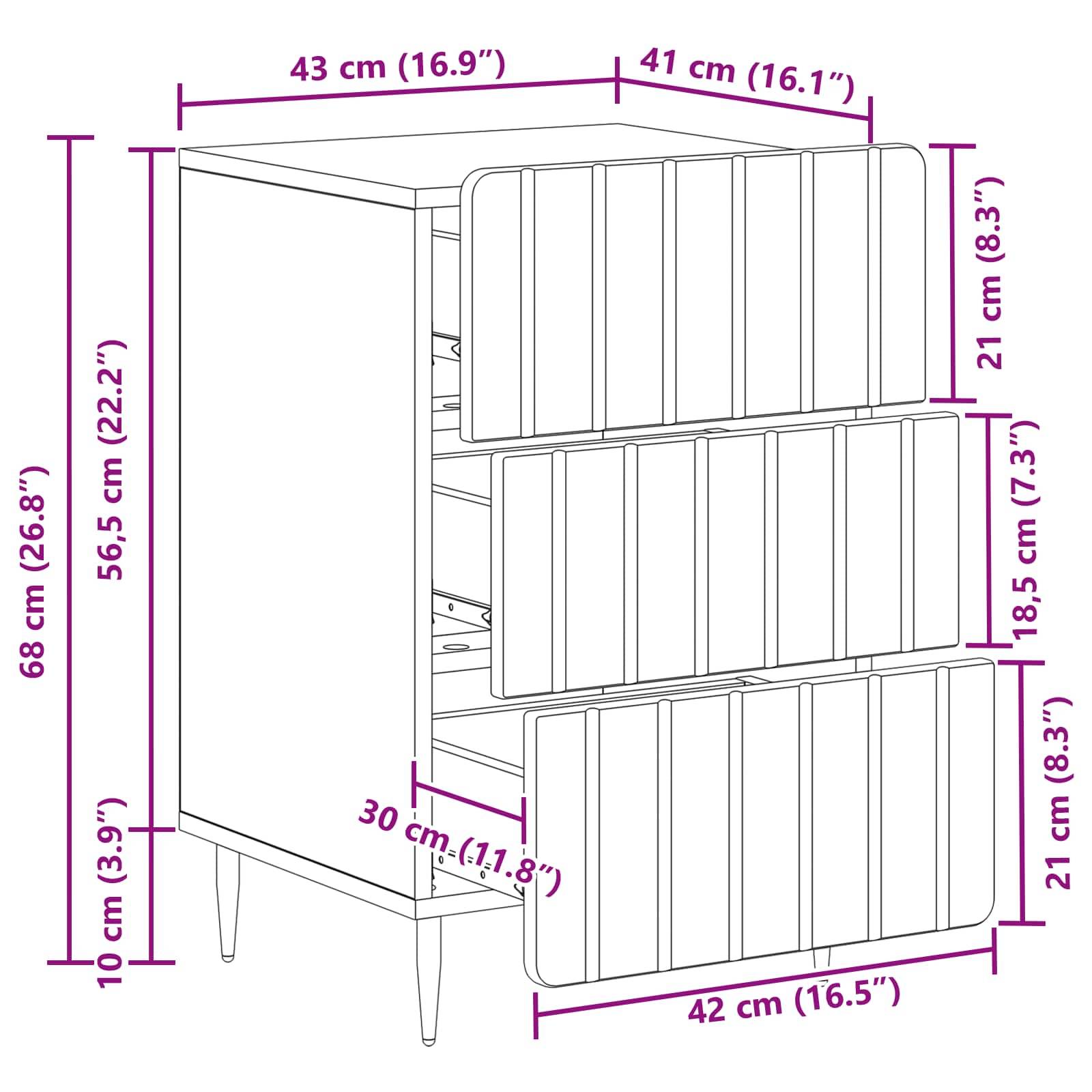 Maßstabgetreue Illustration eines Schranks mit drei Schubladen, die Gesamtgröße von 68 cm Höhe, 43 cm Breite, 41 cm Tiefe zeigt, mit beschrifteten Maßen für Schubladen und Beine.