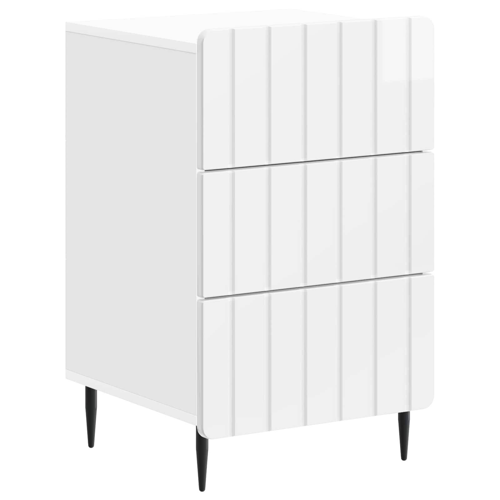 Weißer moderner Schrank mit drei Schubladen und verjüngten schwarzen Beinen, dargestellt in einer produktstilisierten Seitenansicht.
