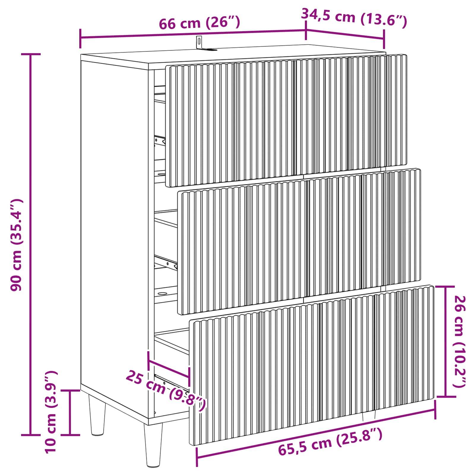 Maßstabgerechte Darstellung eines dreiflügeligen Schranks mit Gesamtabmessungen von 90 cm Höhe, 66 cm Breite, 34,5 cm Tiefe, mit Schubladenmessungen und Beinmessungen.