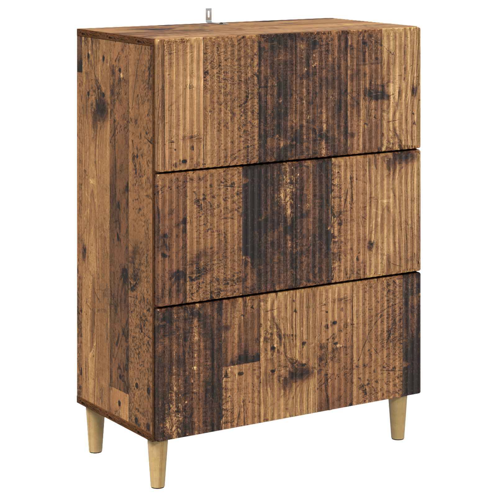 Kleiner, rustikaler Holzschrank mit drei Schubladen und sich verjüngenden Beinen, auf einem einfachen weißen Hintergrund abgebildet.