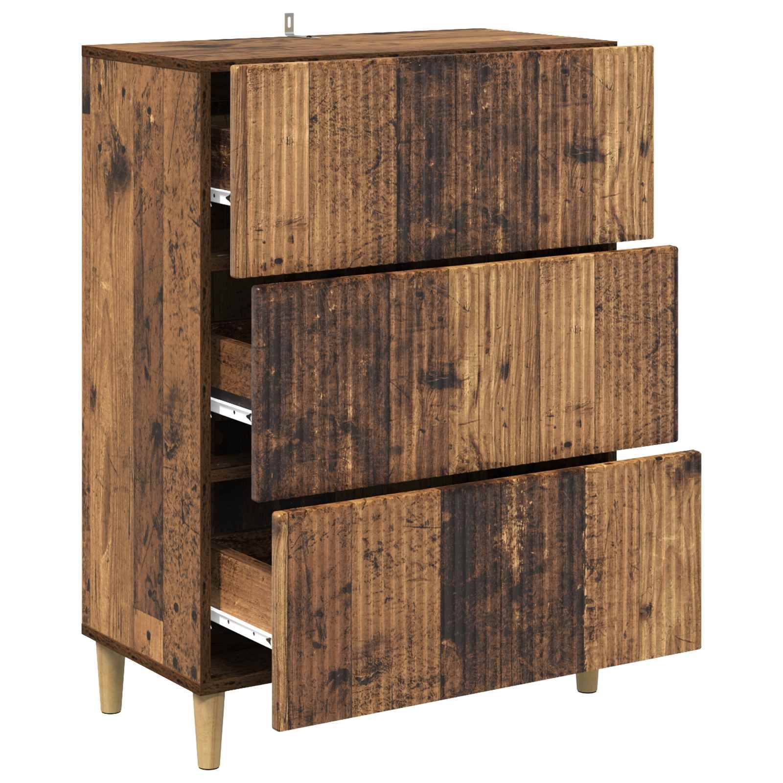 Holzschrank mit drei teilweise offenen Schubladen und sich verjüngenden Beinen auf weißem Hintergrund.