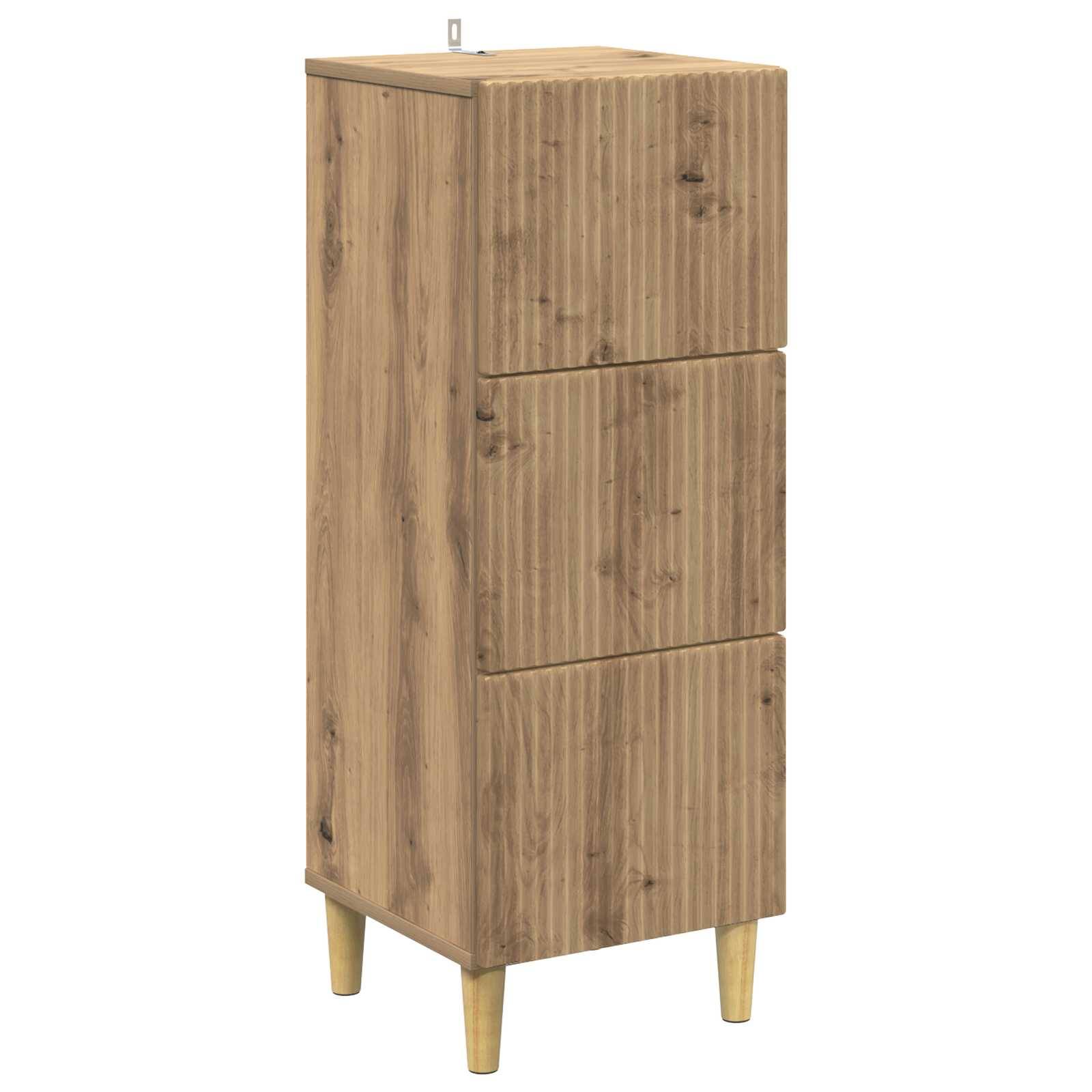 Hoher Schrank aus hellem Holz mit drei vorderen Schubladen und vier konischen Beinen, vor weißem Hintergrund abgebildet.