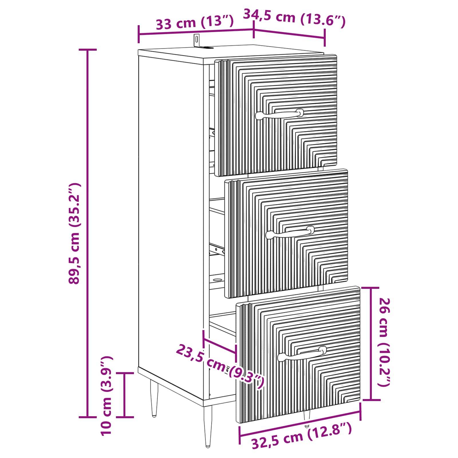 vidaXL Schubladenschrank Weiß 33 x 34,5 x 89,5 cm Holzwerkstoff