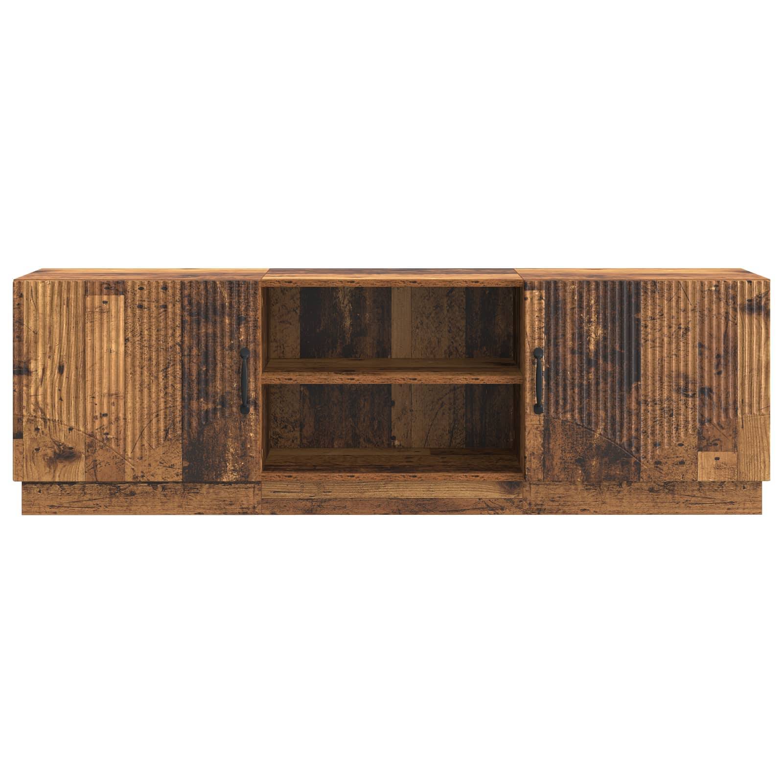 Rustikales Holzsideboard mit zwei Schranktüren und einem zentralen offenen Regal, gezeigt vor weißem Hintergrund.