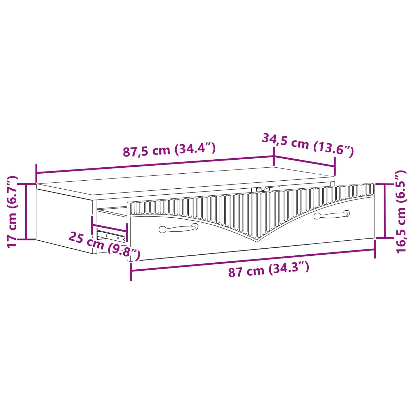 vidaXL Wandmontierter Beistelltisch Schwarz 87,5 x 34,5 x 17 cm