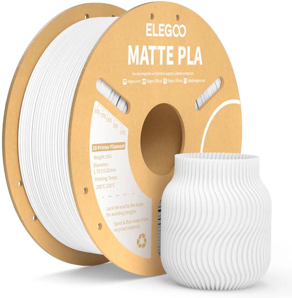 Elegoo PLA Matte White, 3D-Drucker Filament, 1,75 mm, 1000 g