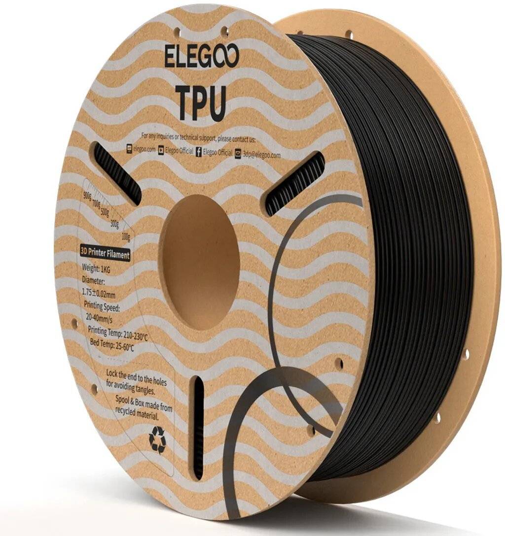Elegoo TPU 95A Filament, Schwarz, 1,75 mm, 1000 g, Flexibel