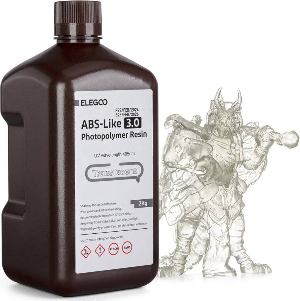 Flasche ELEGOO ABS-ähnliches 3.0 Fotopolymer-Harz, beschriftet mit transluzent und 2 kg, neben einer transluzenten 3D-gedruckten Figur gezeigt.