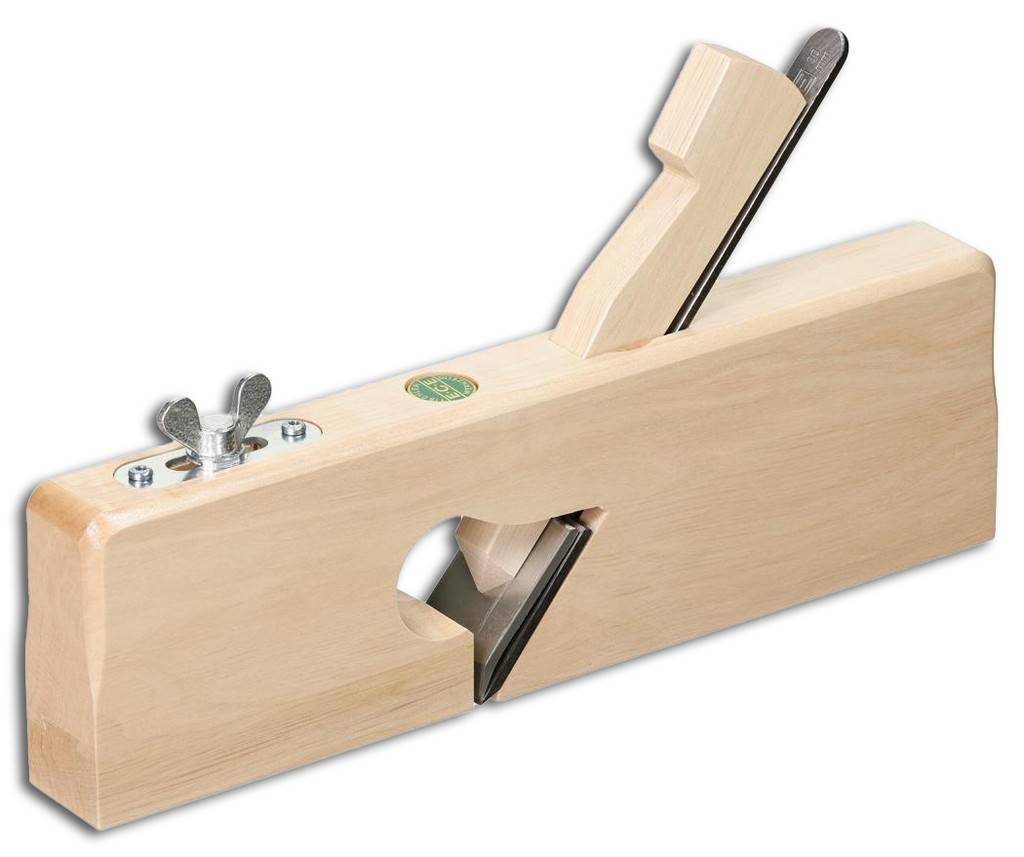 DoppelsimshobelAusführung Aus Weißbuchenholz, lackiert, mit verstellbarer Sohle sowie gebrauchsfertigem Hobelmesser. Mit 50-Schnittwinkel.