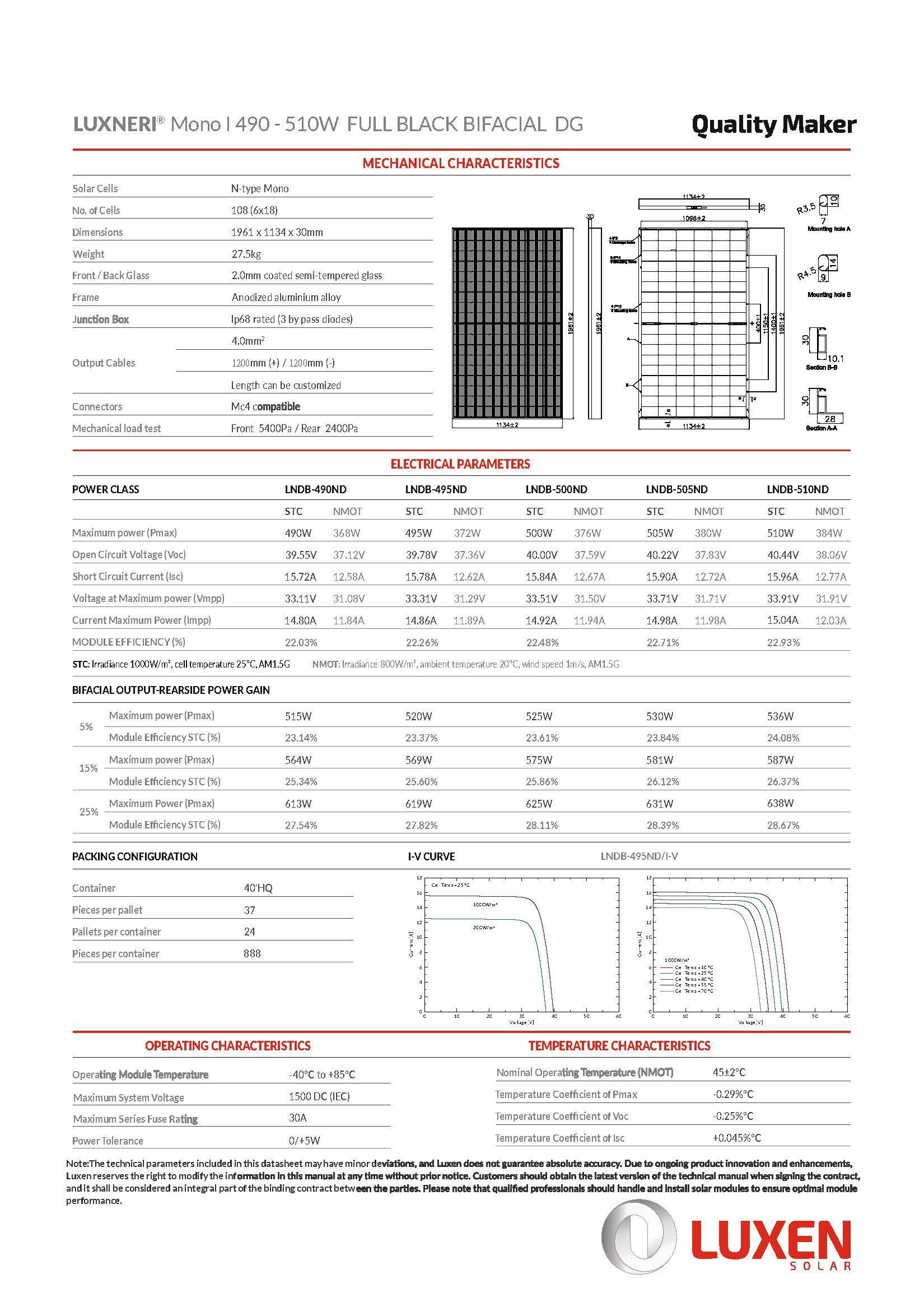 Luxen Solar 500W Bifazial Solarmodul TopCon Luxneri Series N5 Full Black