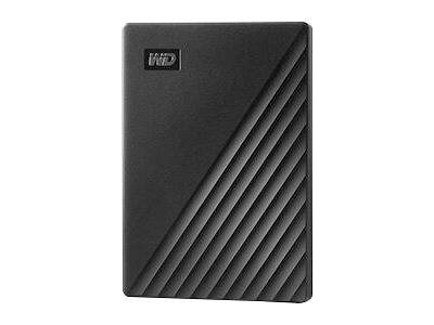 Schwarze externe Festplatte von Western Digital mit diagonalen Rippen und WD-Logo auf der Vorderseite.