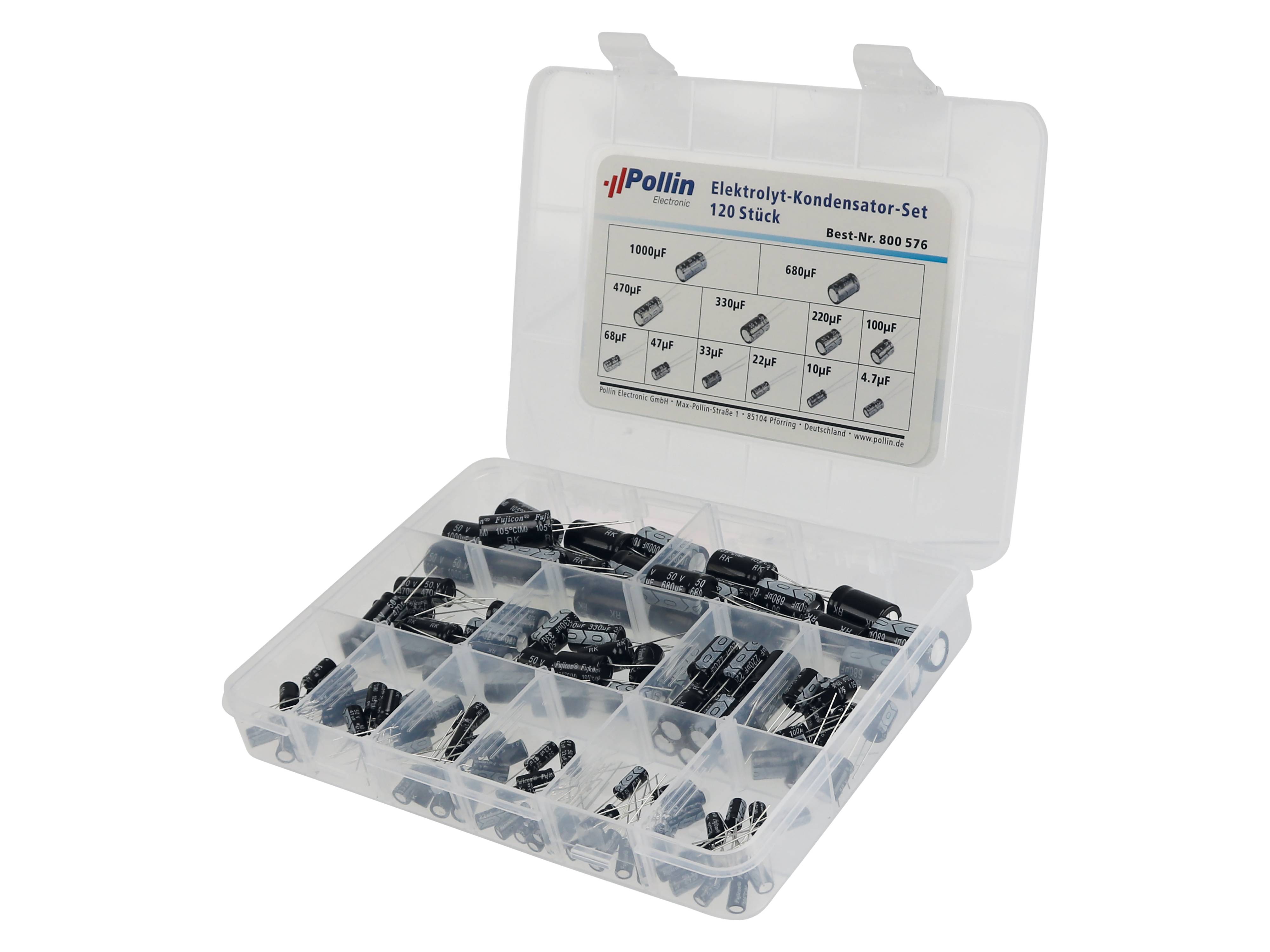 Sortiment Elektrolyt-Kondensatoren, 50 V DC, 120 teilig, 12 Werte, je 10 Stk.