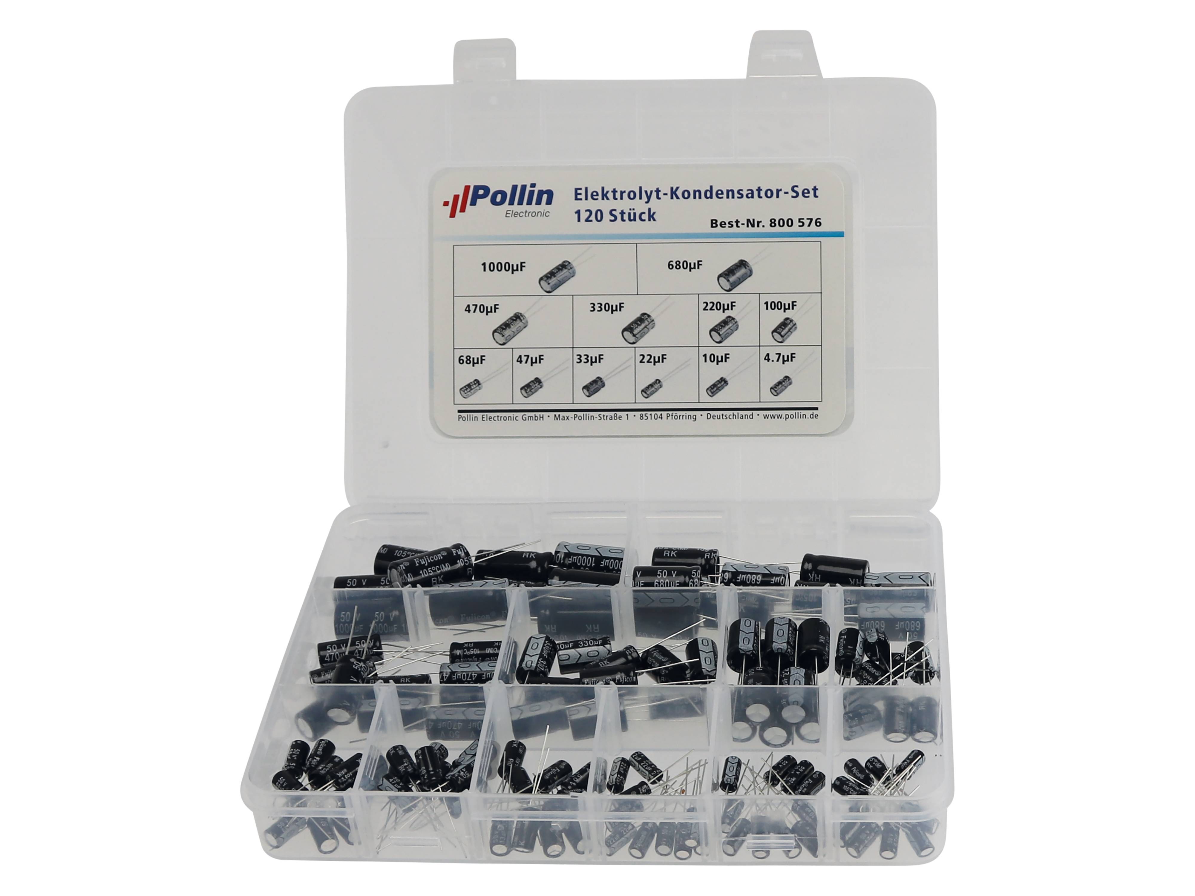 Sortiment Elektrolyt-Kondensatoren, 50 V DC, 120 teilig, 12 Werte, je 10 Stk.