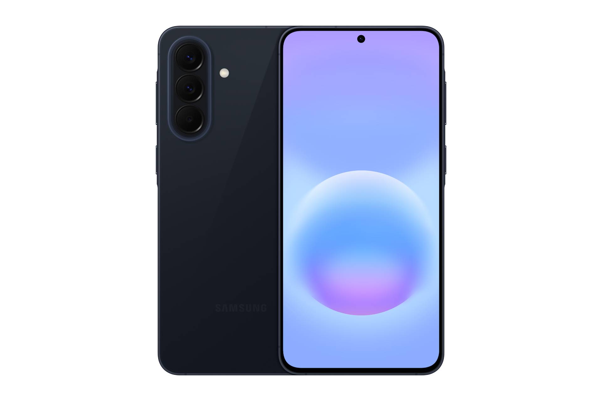 Schwarzes Samsung-Smartphone von vorne und hinten gezeigt, mit dreifacher Rückkamera und zentriertem Punch-Hole-Display auf weißem Hintergrund.