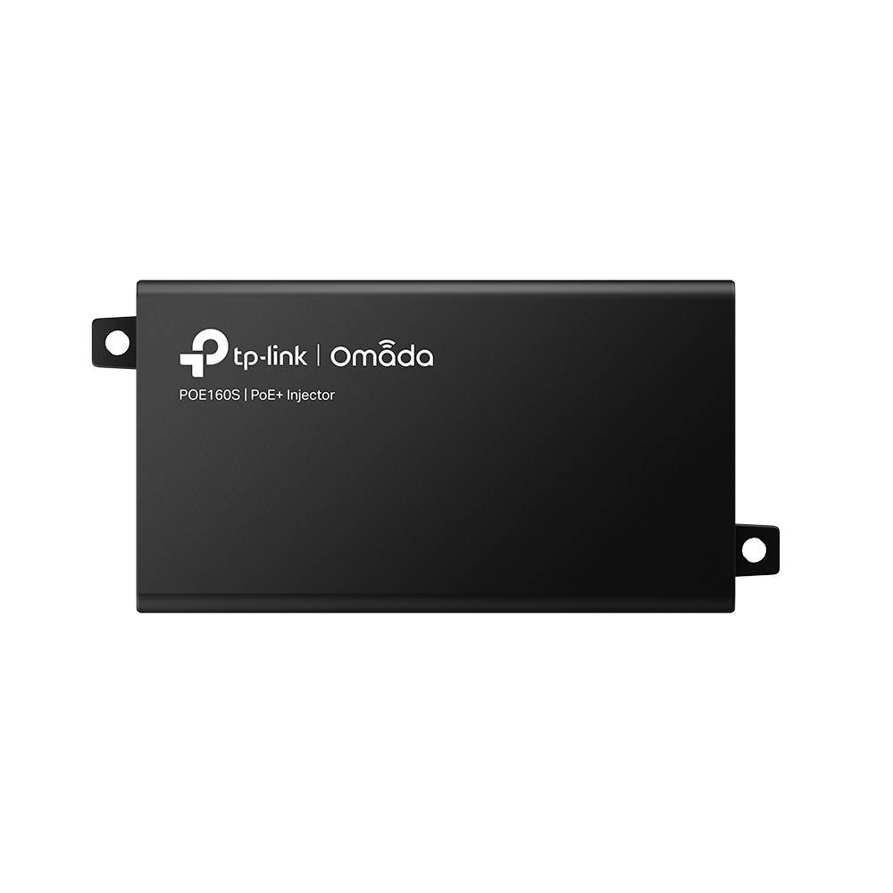 TP-Link Omada POE160S PoE+ Injektor, schwarzes rechteckiges Gerät mit Befestigungslaschen auf beiden Seiten.