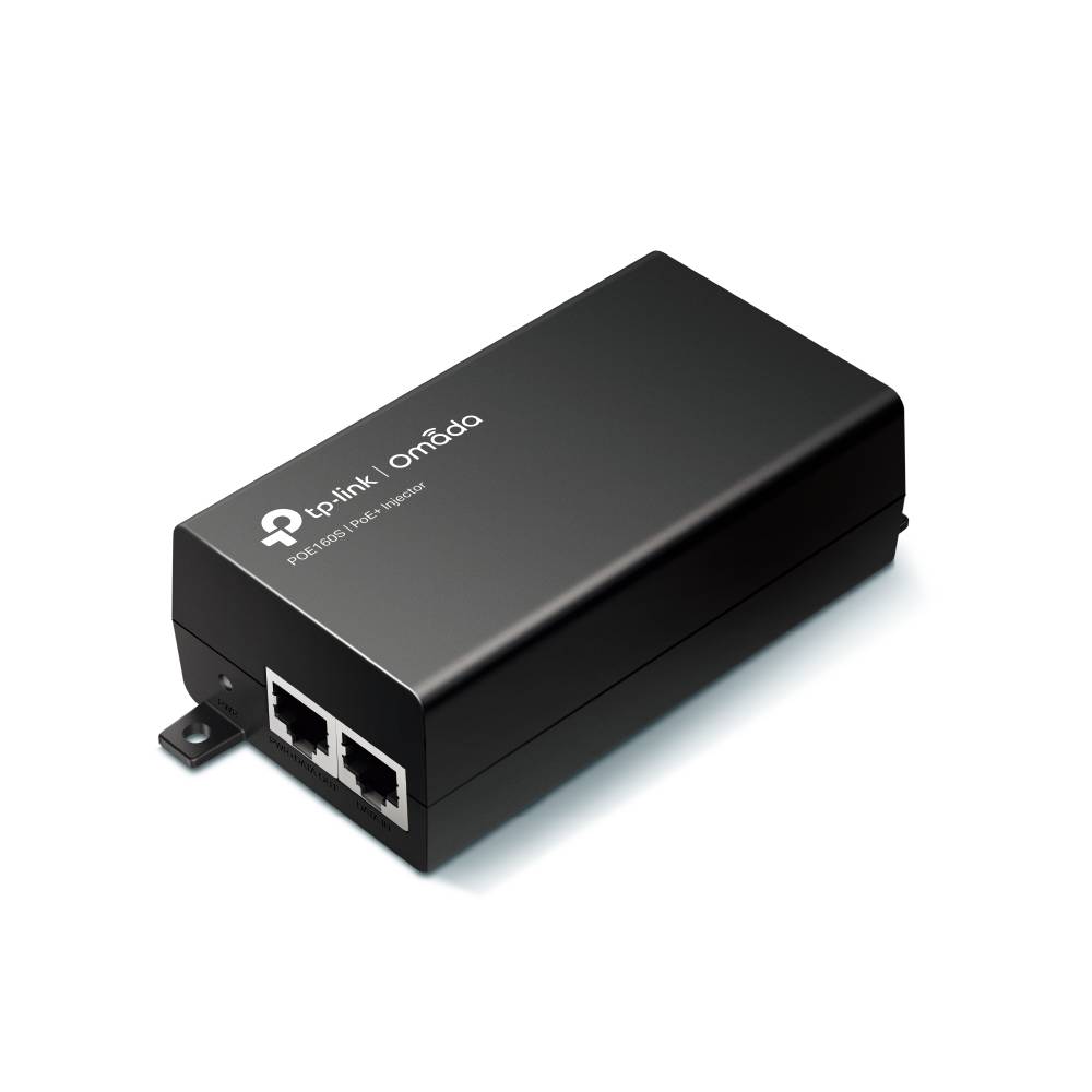 Schwarzer TP-Link Omada PoE+ Injektor mit zwei Ethernet-Anschlüssen und Befestigungslasche, abgebildet auf weißem Hintergrund.