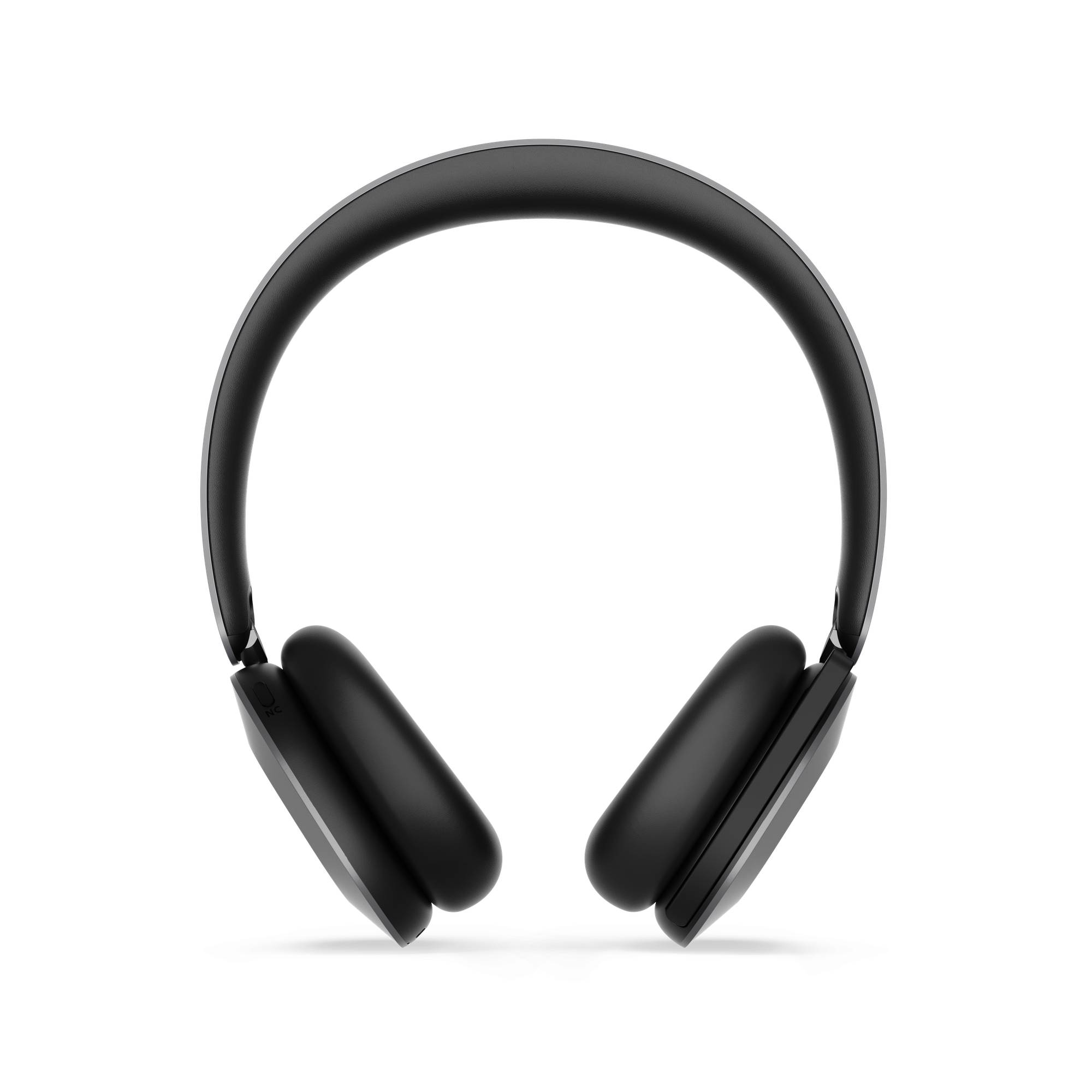 Schwarze Over-Ear-Kopfhörer auf schwarzem Hintergrund, Vorderansicht.