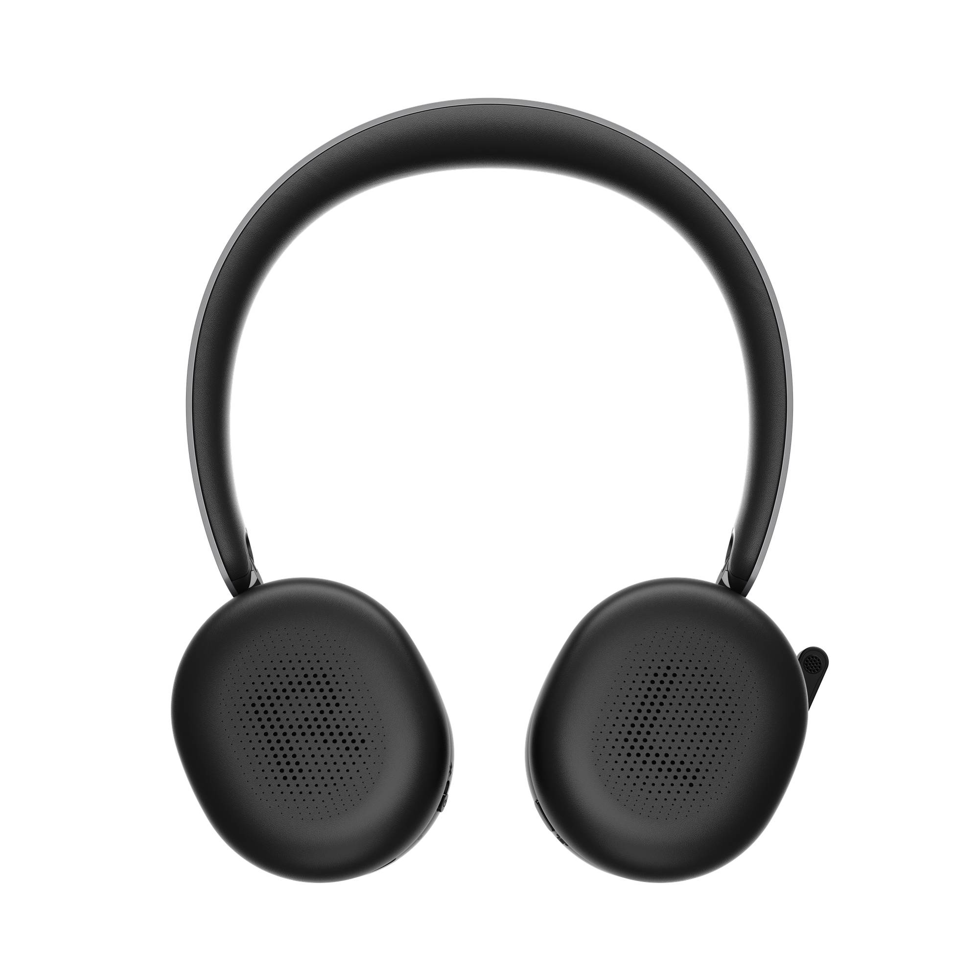 Schwarze Over-Ear-Kopfhörer mit abgerundeten Ohrmuscheln und einem gebogenen Kopfbügel auf schwarzem Hintergrund.