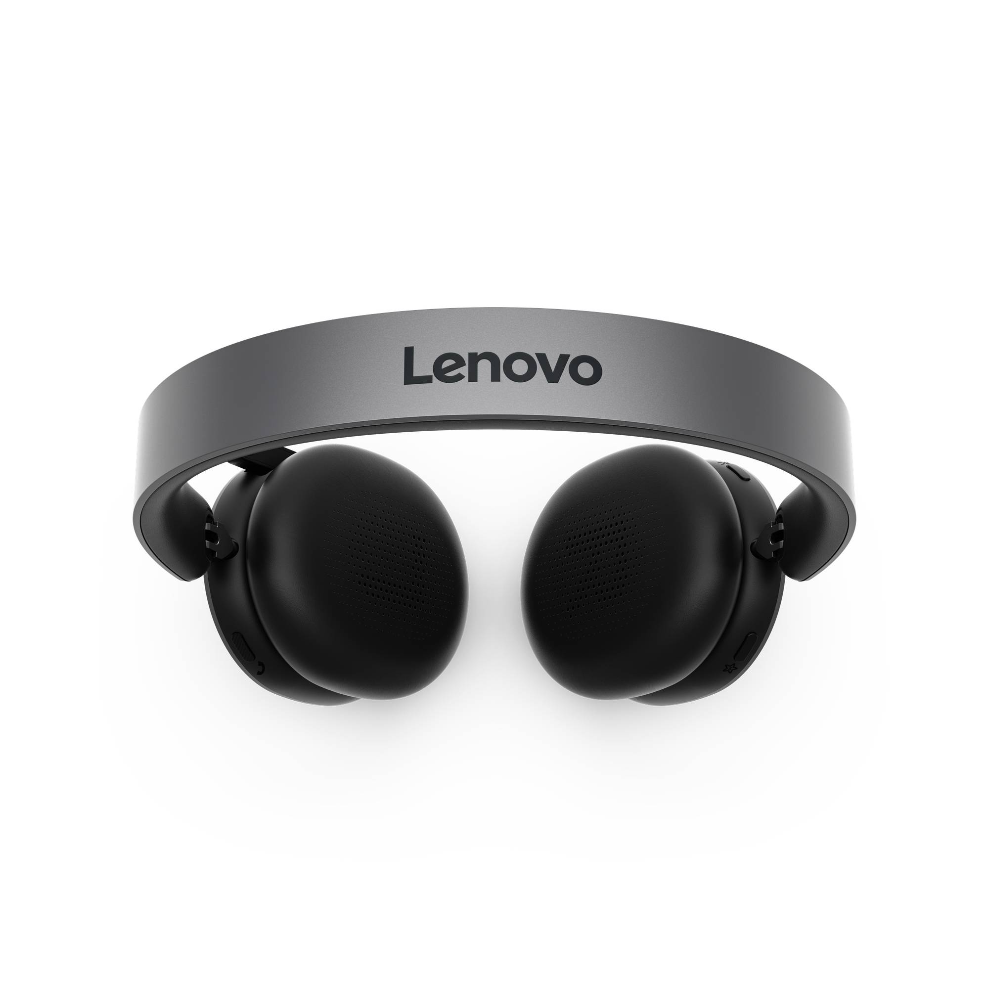 Lenovo Over-Ear-Kopfhörer mit grauem Kopfbügel und schwarzen Ohrmuscheln, Vorderansicht auf schwarzem Hintergrund.