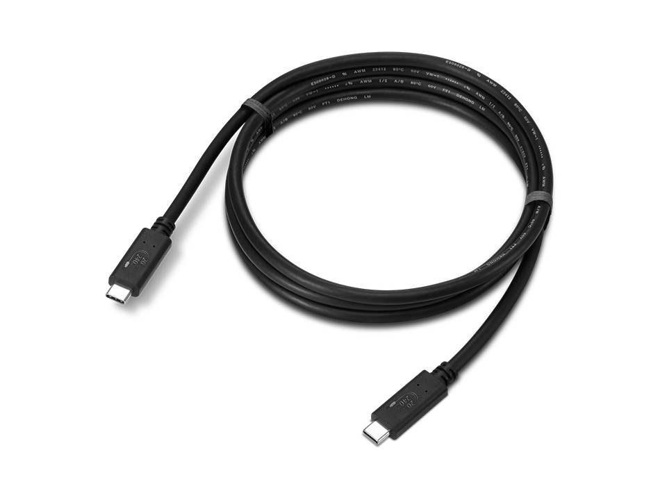 Aufgerolltes schwarzes USB-C-Kabel mit Anschlüssen an beiden Enden, gezeigt auf schwarzem Hintergrund.